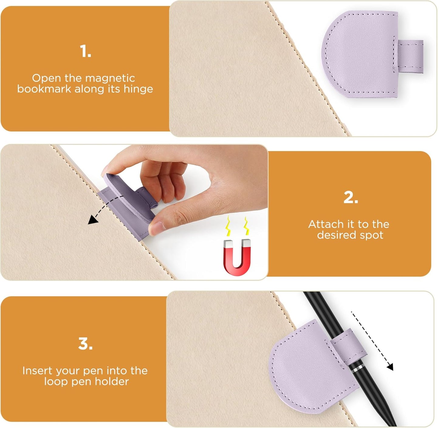 Magnetic Pen Loop Holder, Pencil Holder for Notebooks, Journals, Calendars, PU Leather 3 Pack