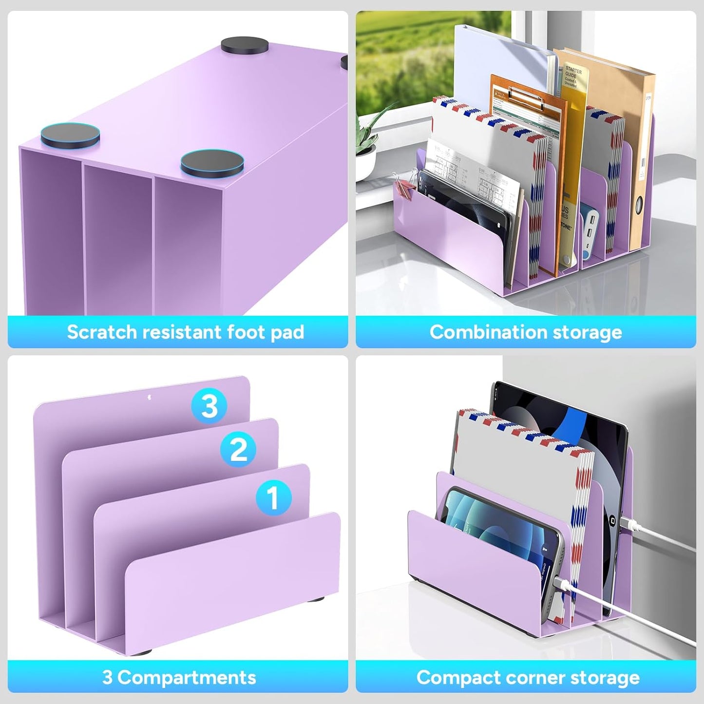 Mail Organizer Countertop, Small Desk File Organizer, Metal File Holder - Essential Workspace Organizers for Office Desk, Home Office (Purple)