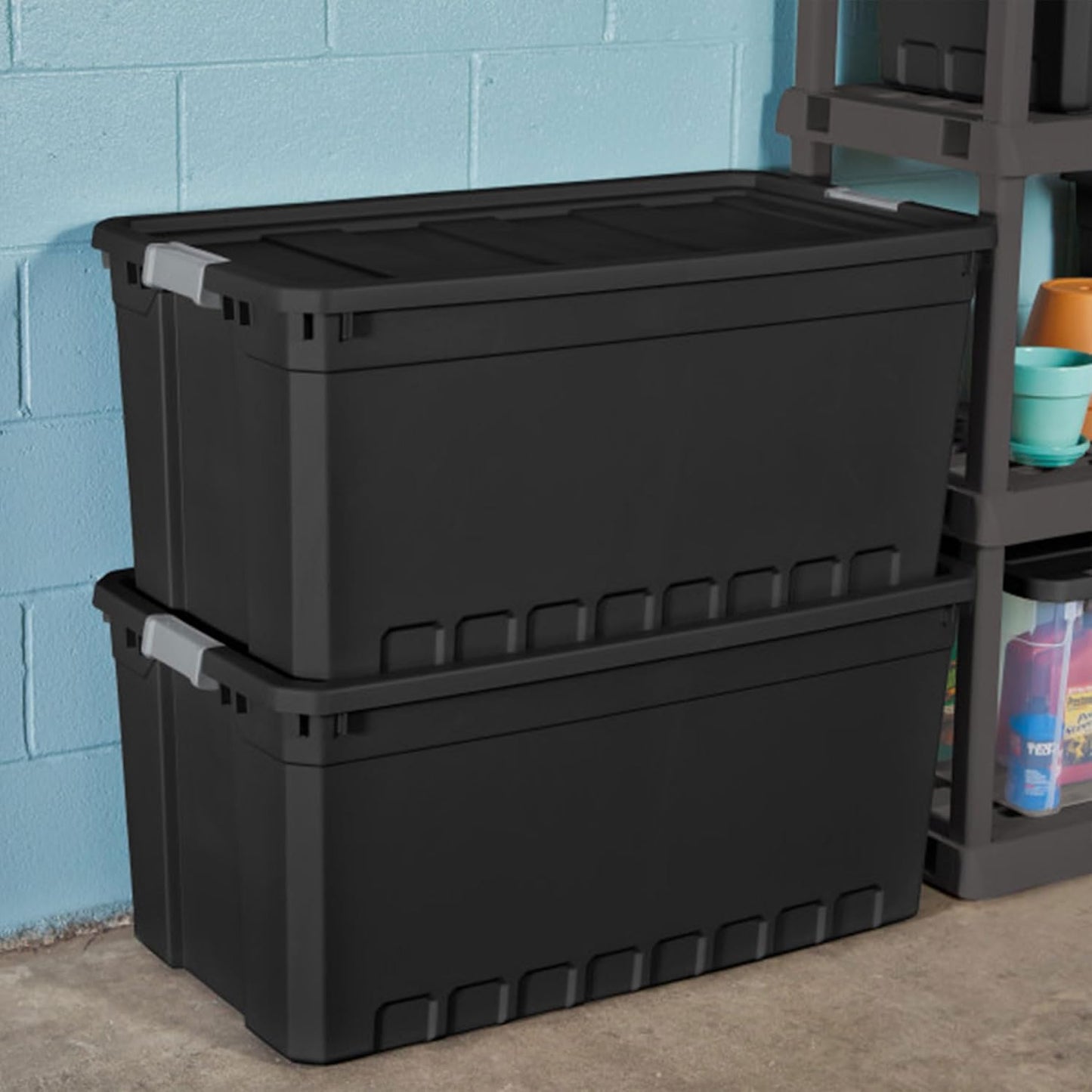 Sterilite 12-Pack Plastic Storage Bins with Lids, Stackable Containers, 50 Gallon, Black
