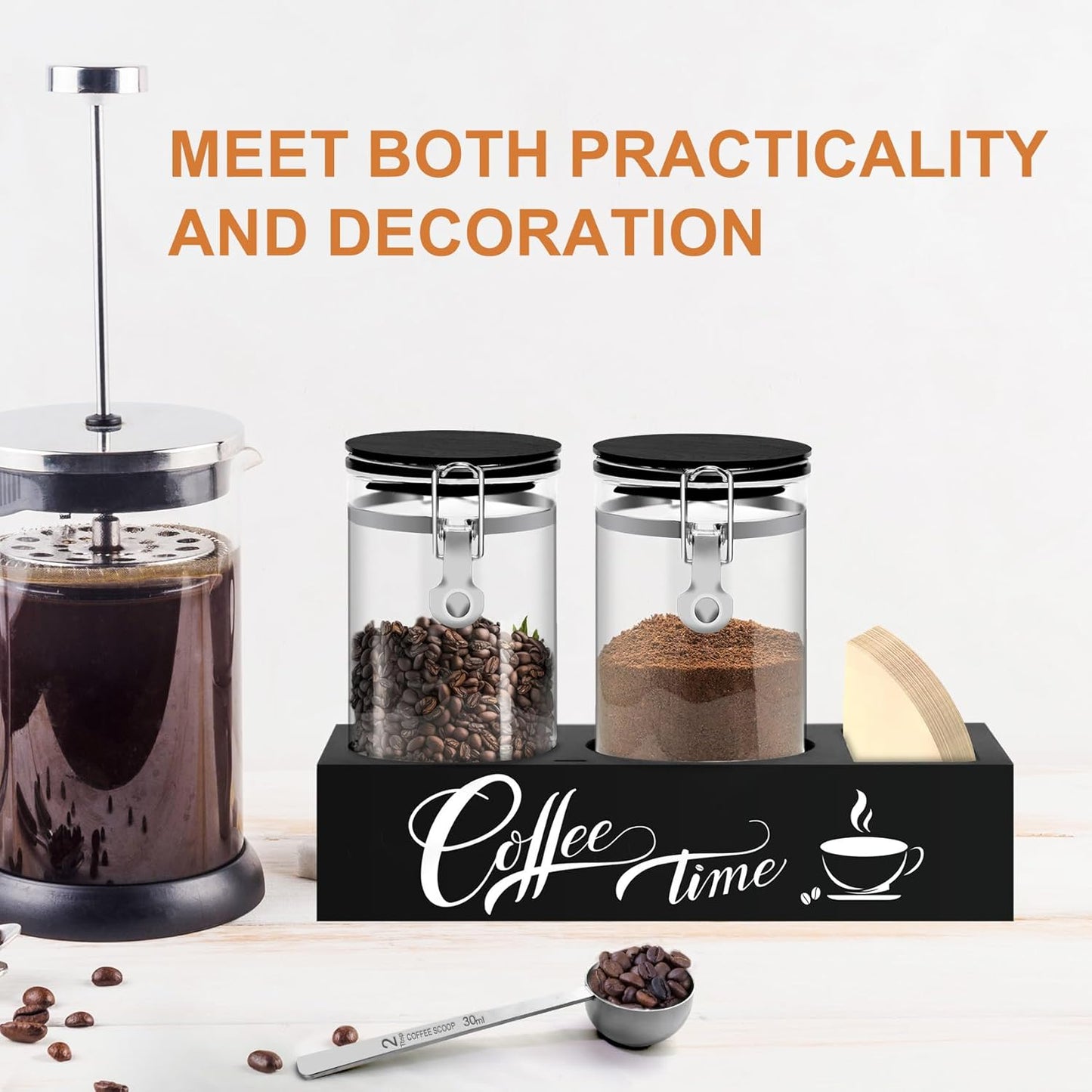 Glass Coffee Containers with Shelf Coffee Station Organizer 54oz Black Glass Coffee Bar Accessories Coffees Filter Holder for Kitchen Organization Coffees Bean Storage Canister