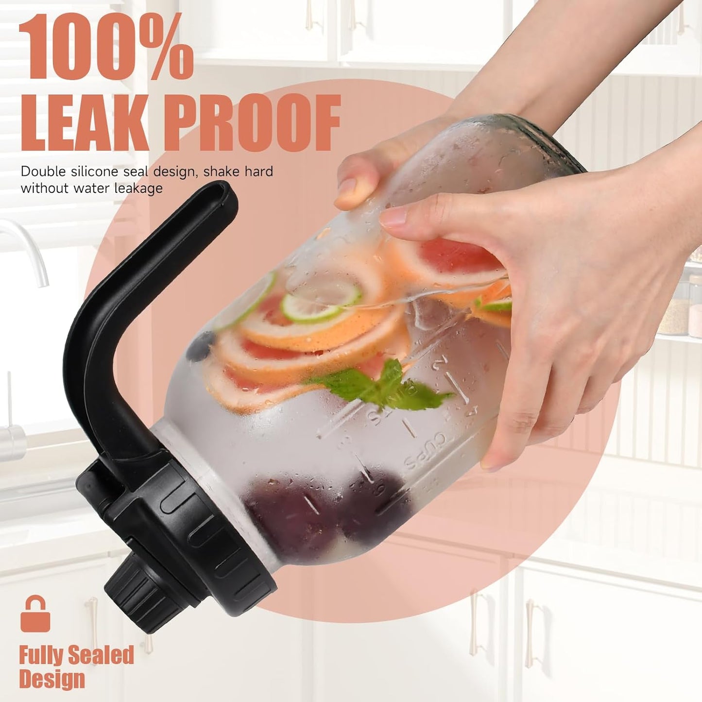 2-Pack 64oz Glass Mason Jar Pitchers with Wide Mouth & Measurement Marks – Leak-Proof Twist Lids for Cold Brew, Iced Tea, Juice, Lemonade