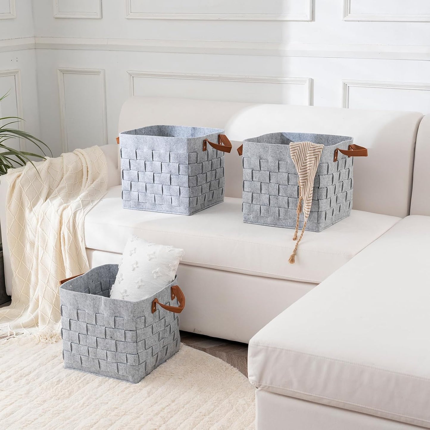 Storage Basket 3 Pack, 13" x13" x13 " Large Blanket Baskets with Leather Handle, Cube Felt Fabric Storage Box for Shelves, Bedroom, Nursery, Living Room - Light grey