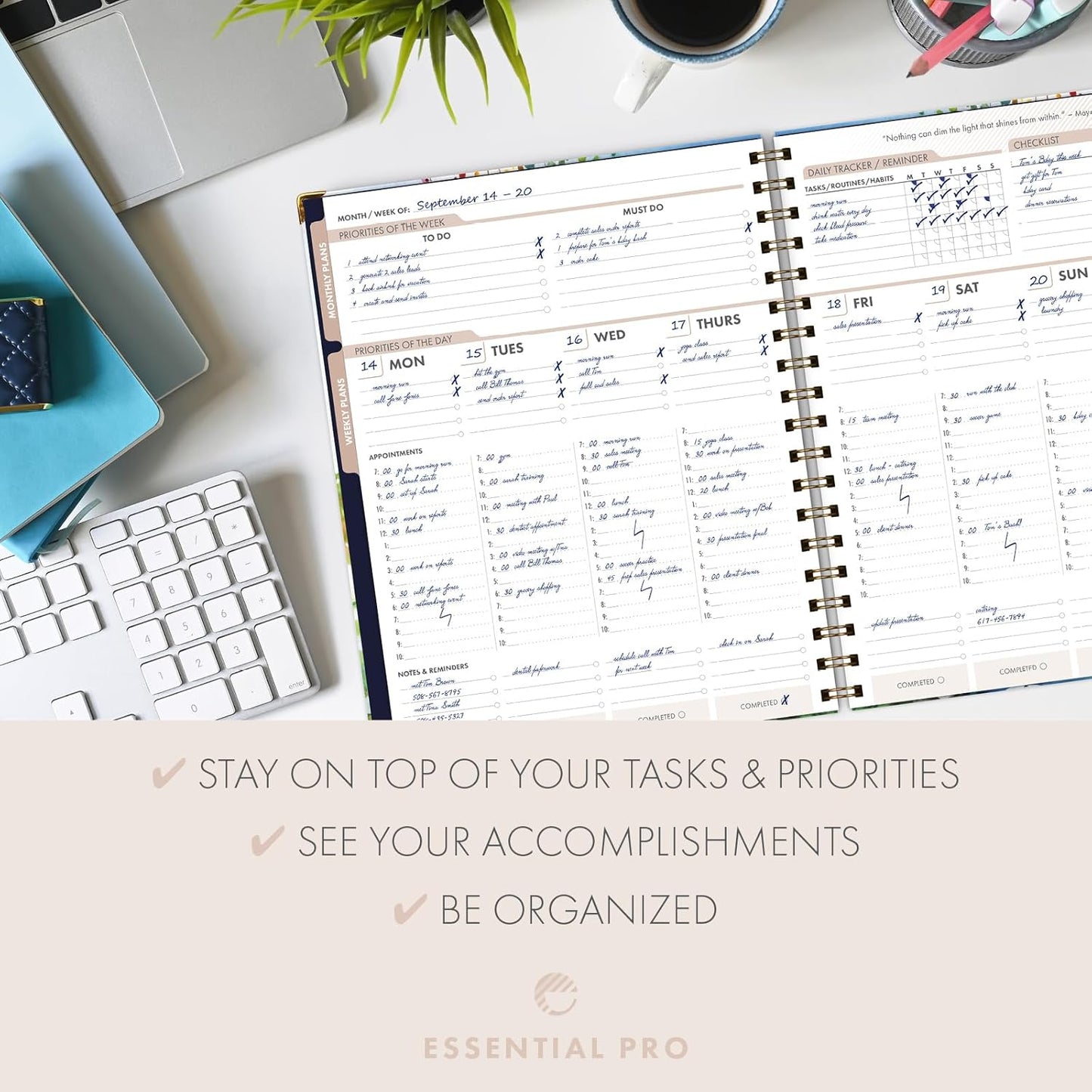 ESSENTIAL PRO Undated Daily, Weekly & Monthly Planner,Monthly Tabs,Daily Tracking,Notes Pages,Storage Pocket,Bookmark w Sticky Notes (Tree Seasons)