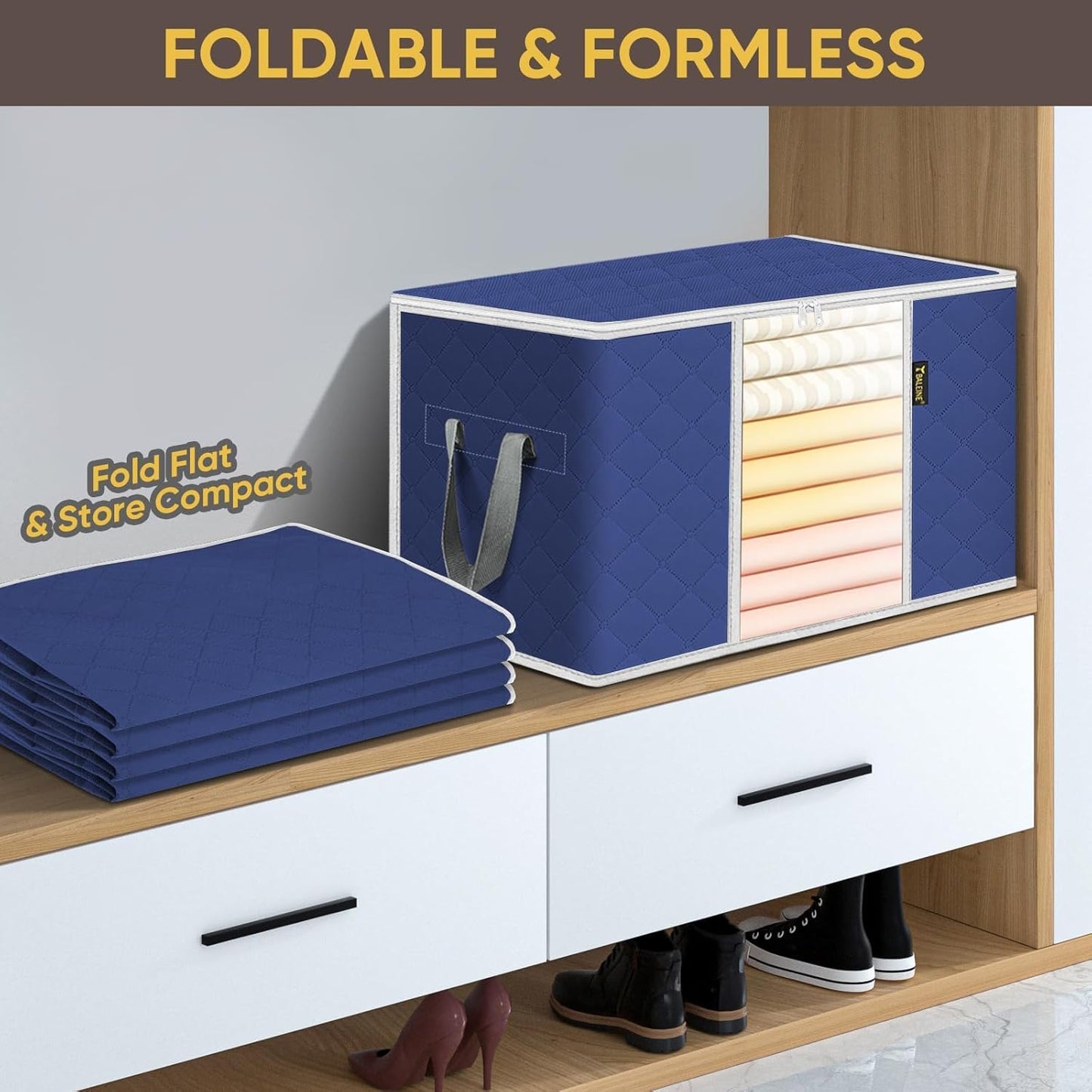 BALEINE 3 Pack Clothes Storage Bags, 24 Gallon Storage Containers with Reinforced Handle, Sturdy Zipper, Closet Organizer for Blanket, Comforter, Pillow, Bedding (Blue, 3 Pack)