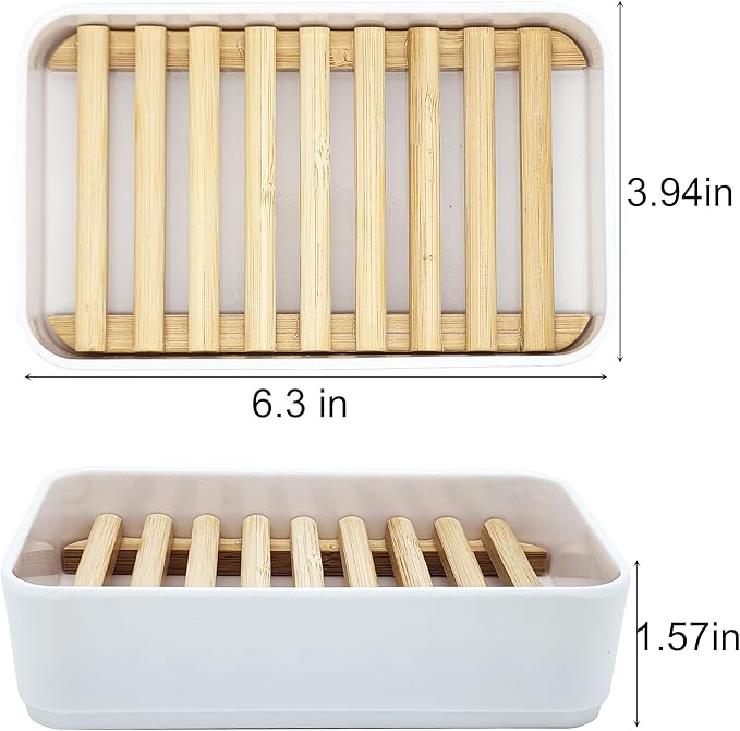 Soap Dish Holder, 2 Pack Bamboo Self-Draining Soap Box, Soap Dishes Holder for Shower, Bathroom, Kitchen, Bathtub, Bar Sink (White, 2 Pack)