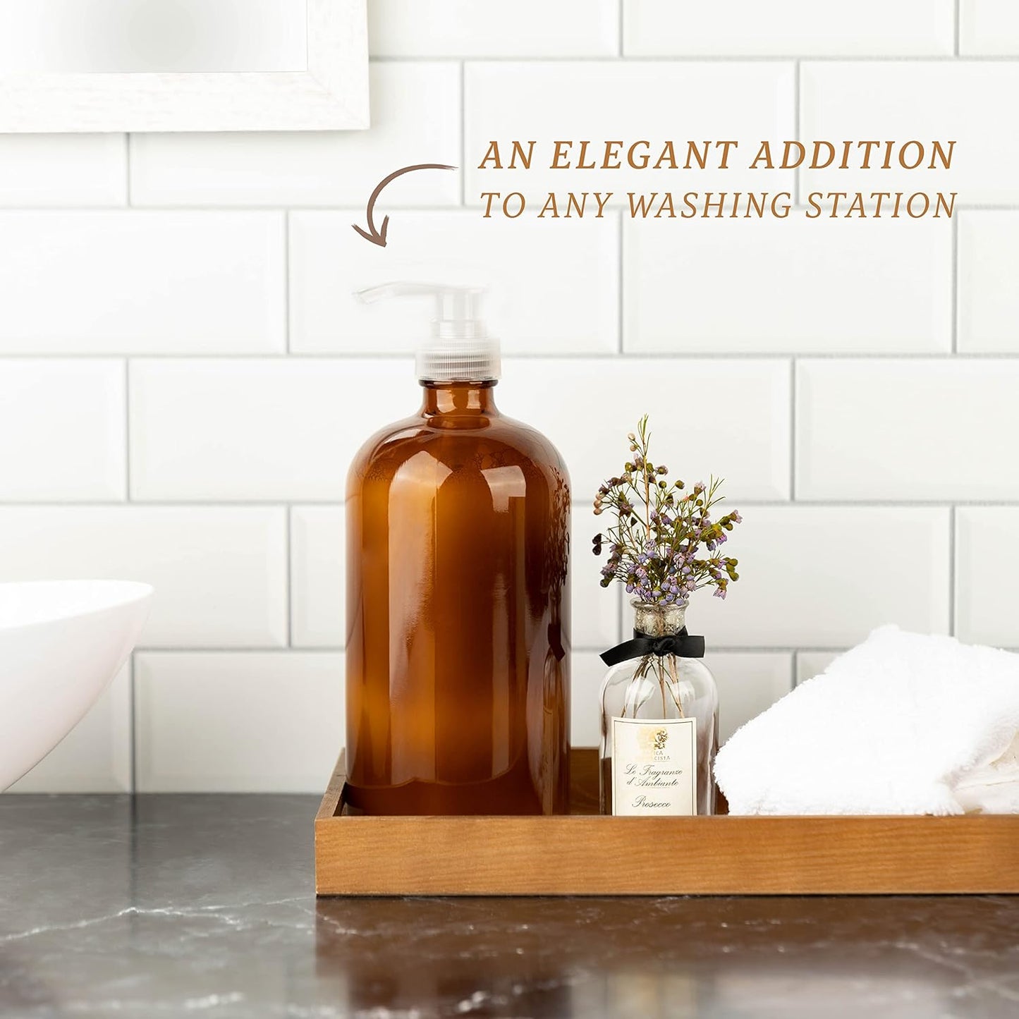 kitchentoolz 32 Ounce Large Amber Glass Boston Round Bottles w/Natural Color Pumps. Great for Lotions, Soaps, Laundry Detergent and Essential Oils - Food Safe and Medical Grade (Pack of 2)