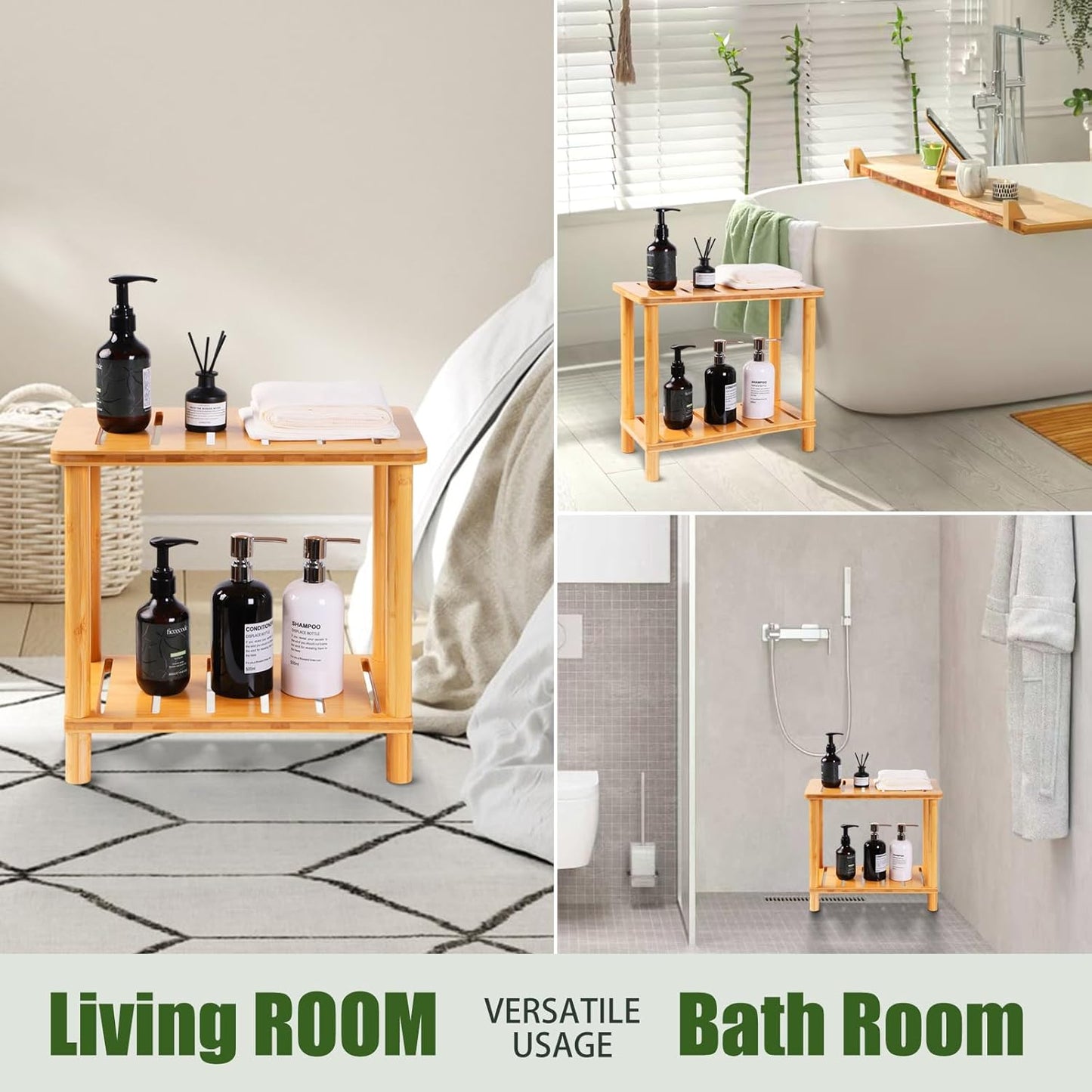 Bamboo Shower Bench Stool, Shower Stool for Inside Shower with Storage Shelf, Waterproof Shower Chair Spa Bath Seat, Bathroom Bench Seat for Adults for Indoor or Outdoor Use.