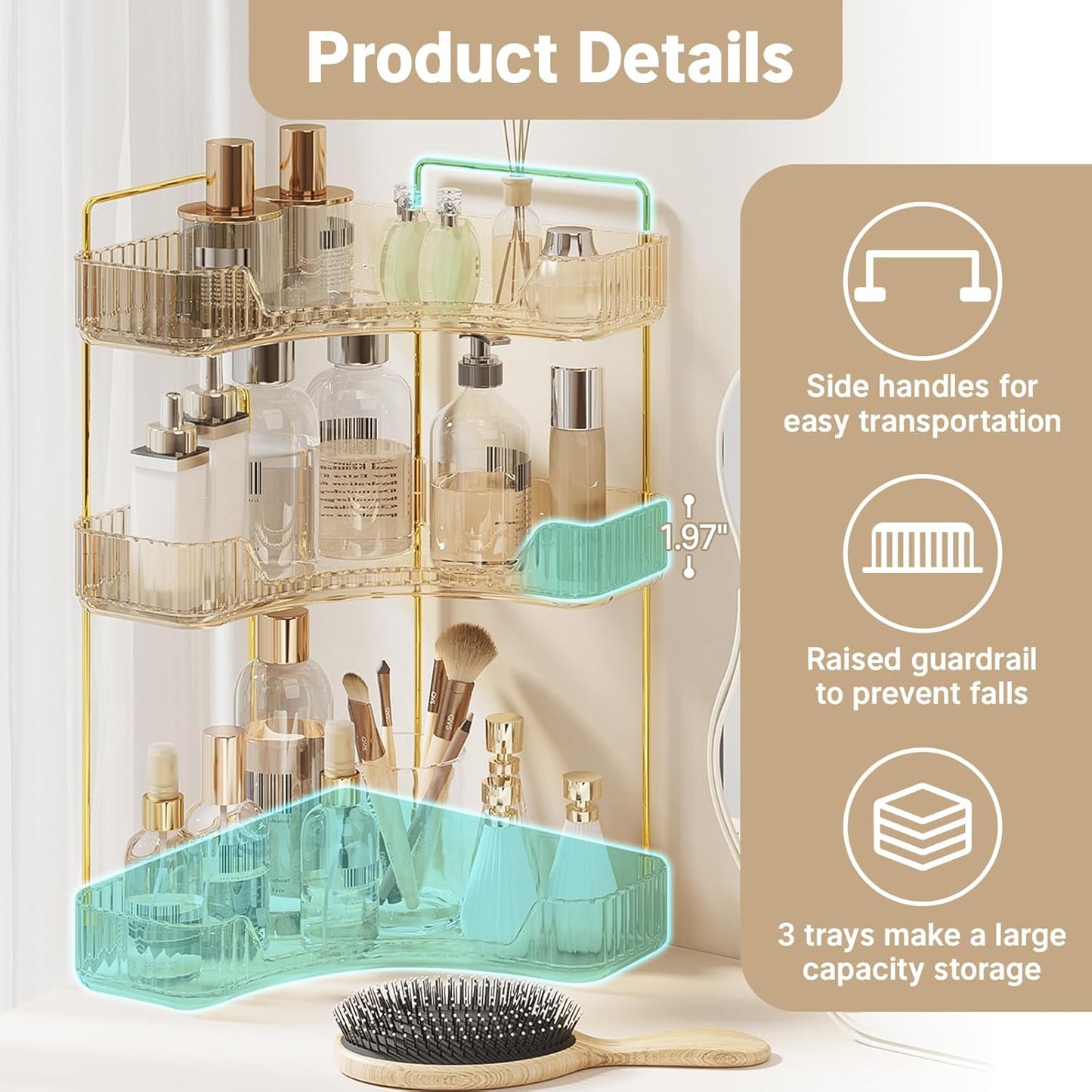 3-Tier Corner Bathroom Counter Organizer, Plastic Bathroom Organizer Countertop, Makeup Organizer for Vanity Perfume Tray Holder for Corner Storage, Amber