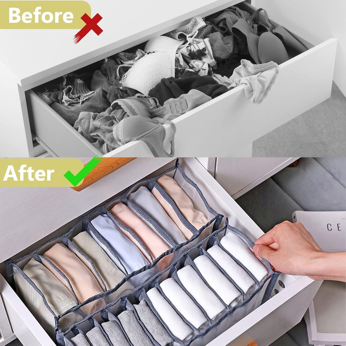 TIGARI Sock Wardrobe Clothes Organizer, Sock Organizer Drawer Divider, Foldable Drawer Compartment Storage for Socks (Gray)