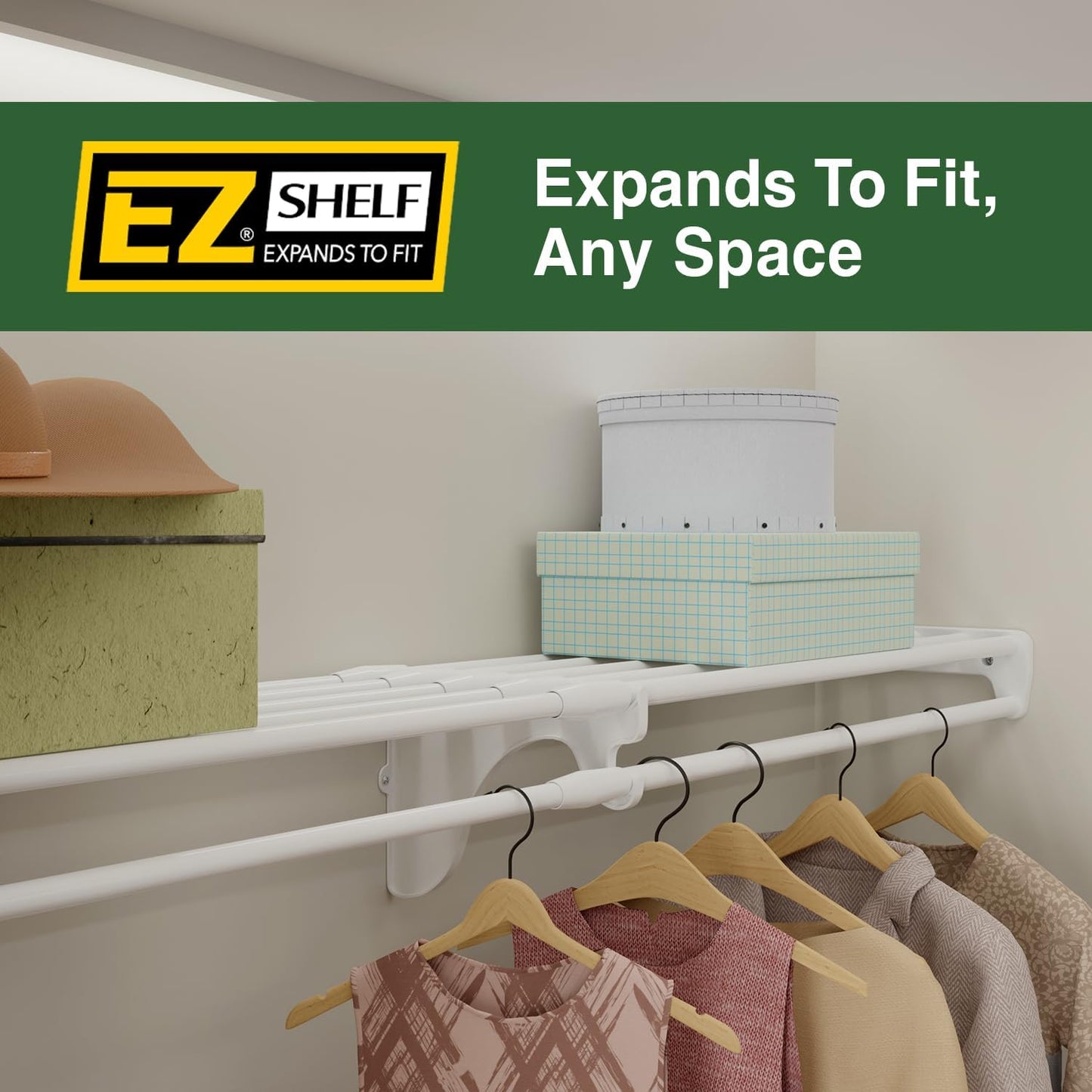 EZ Shelf - Closet Shelf with Hanging Rod - 64.3-119” Expandable, White, Closet Shelves - Strong, Holds 200 lbs - Easy Install - 1 Side Wall & Backwall with 1 End Bracket, Alternative to Wire Shelving