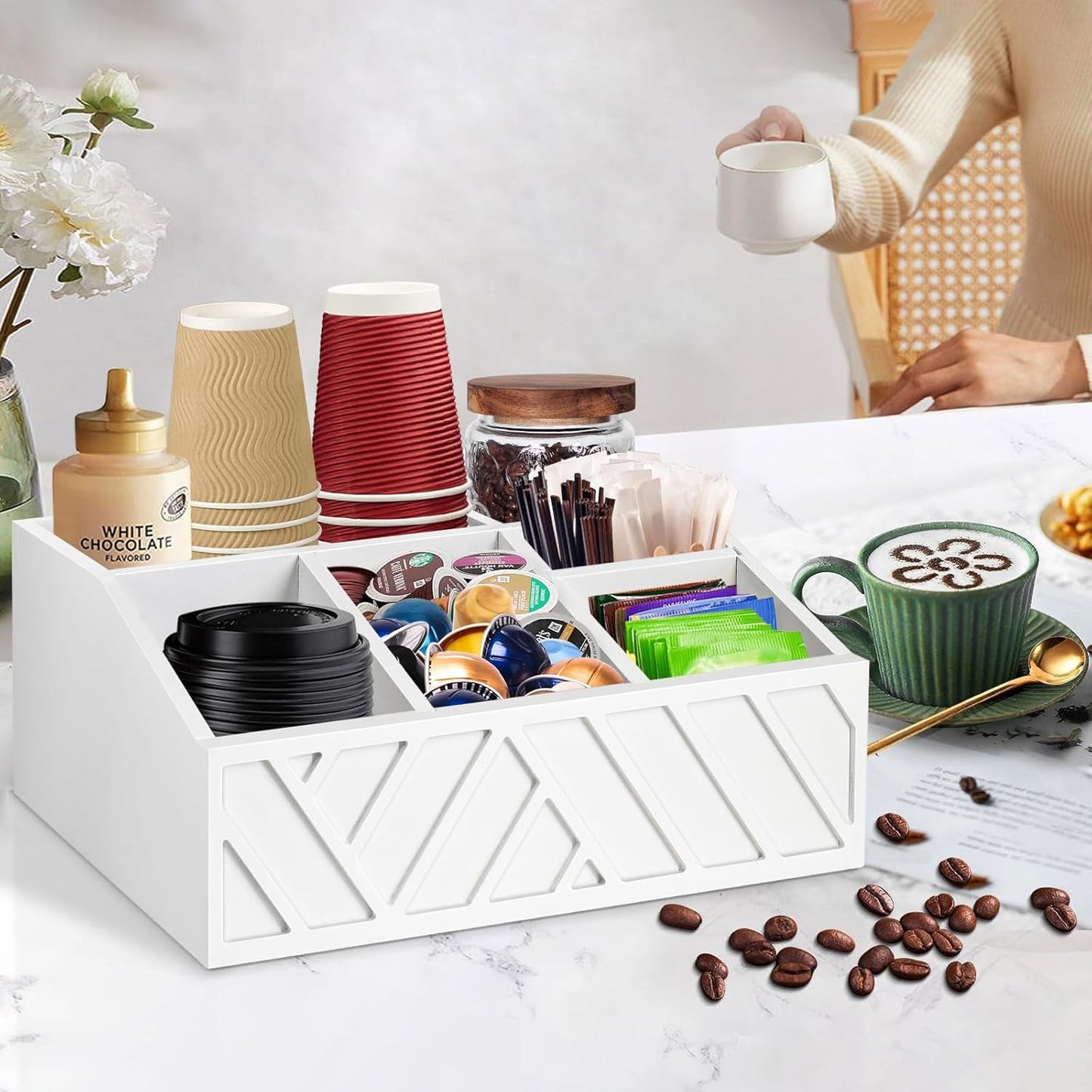 ugiftt Coffee Station Organizer for Counter, Wood Pods Holder Storage Basket, Tea Condiment Storage Organizer, Rustic Coffee Bar Decor for Accessories Organizer