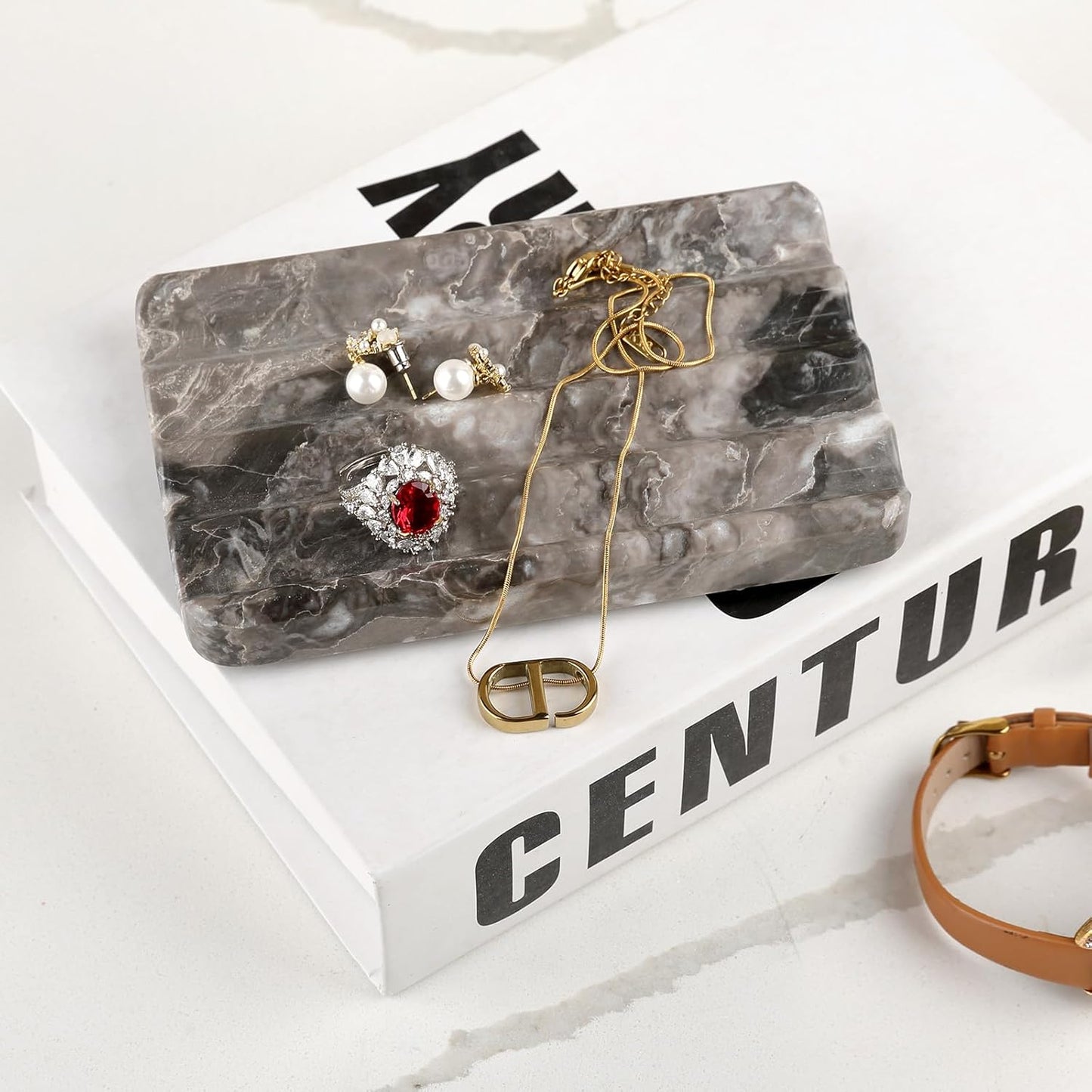 Marble Soap Dish, Bar Soap Holder Shower, Brown Soaps Saver with Water Ripple Design, Easy Cleaning Stone Sponge Holder for Kitchen Sink,Bathroom, Executive Natural Stone Soap Tray