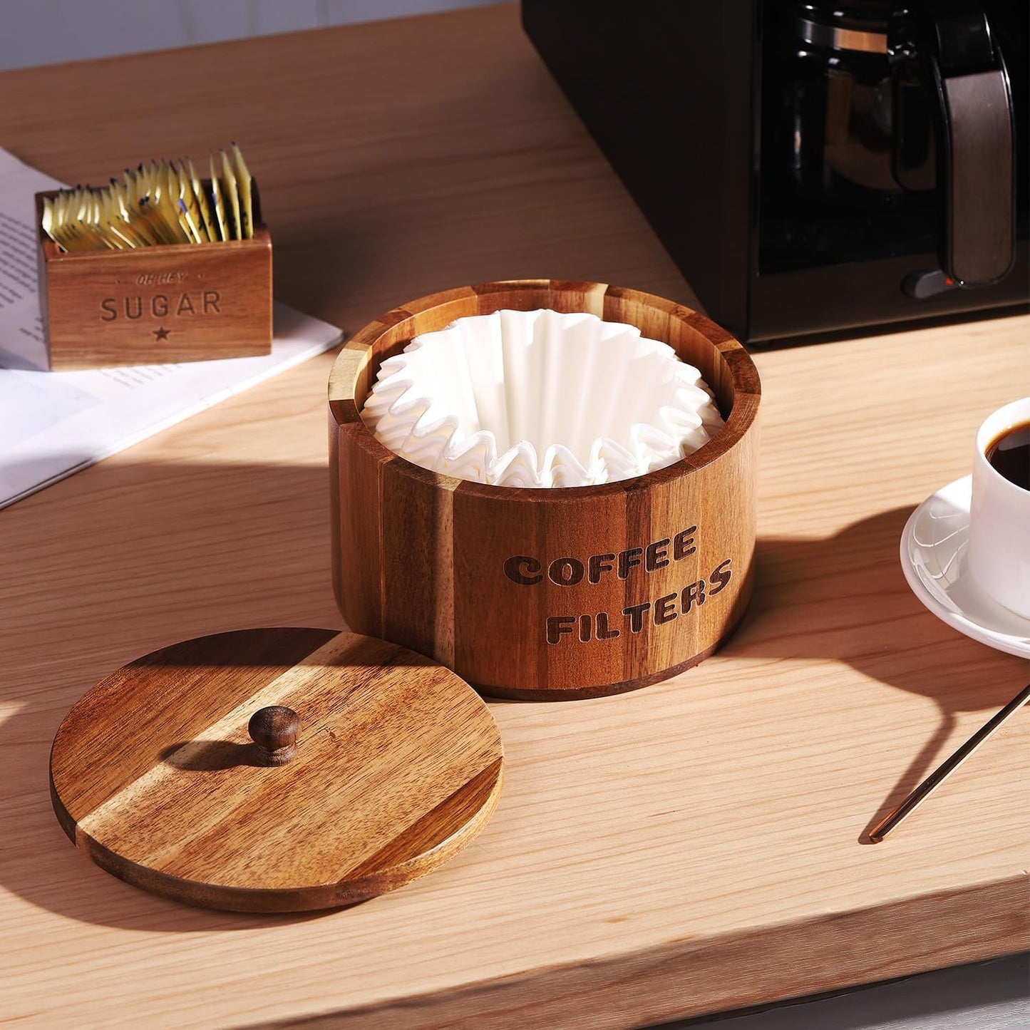 Natural Acacia Wood Coffee Filter Holder with Lid, Multi-Use Countertop Organizer for Coffee Filters, Pods, Beans - Rustic Kitchen Decor