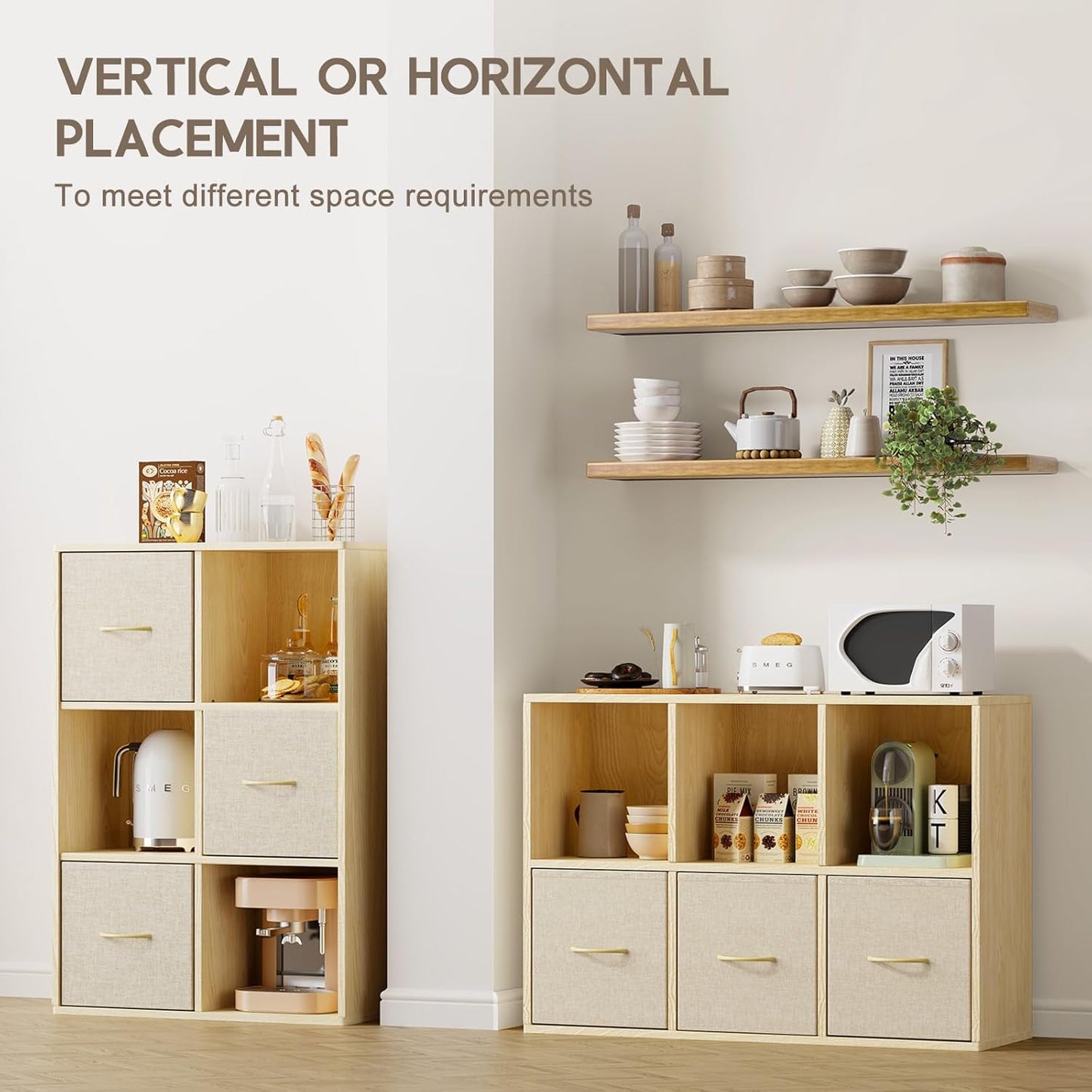 6 Cube Storage Organizer - Solid Wood Bookshelf with 3 Storage Bins, Cube Shelf with 2 Removable Back Panels, Vertical or Horizontal Bookcase, Open Book Shelf for Bedroom, Living Room, Office