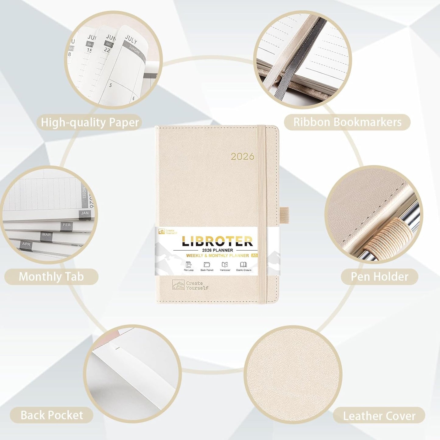 2026 Planner - Planner 2026, 2026 Weekly Monthly Planner, Jan.2026 - Dec.2026, 5.7'' x 8.4'', Thick Paper, Leather Cover, Pen Holder, Back Pocket, Bookmarks, Perfect Daily Organizer - Off-white