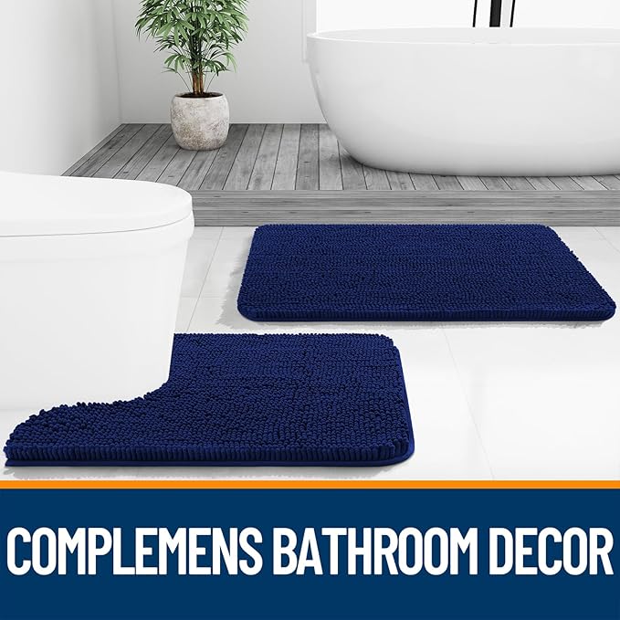 OLANLY Bathroom Rugs 24x16, Extra Soft Absorbent Chenille Bath Rugs, Rubber Backing Quick Dry, Machine Washable Bath Mats for Bathroom Floor, Tub and Shower, Home Decor Accessories, Navy
