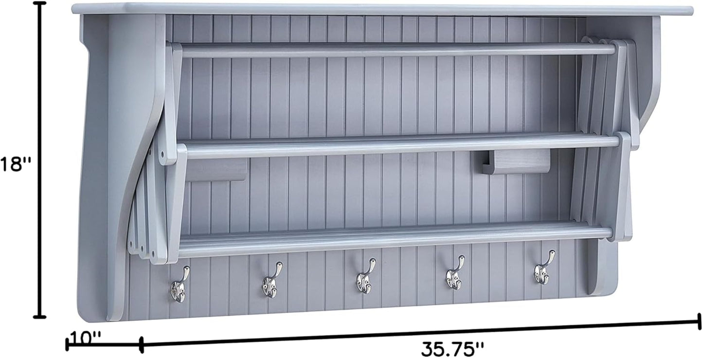 Danya B Accordion Clothes Drying Rack, Retractable, Wall Mounted Towel Rack and Hooks for Clothes and Towels for use in Laundry Room or Garage (Gray)
