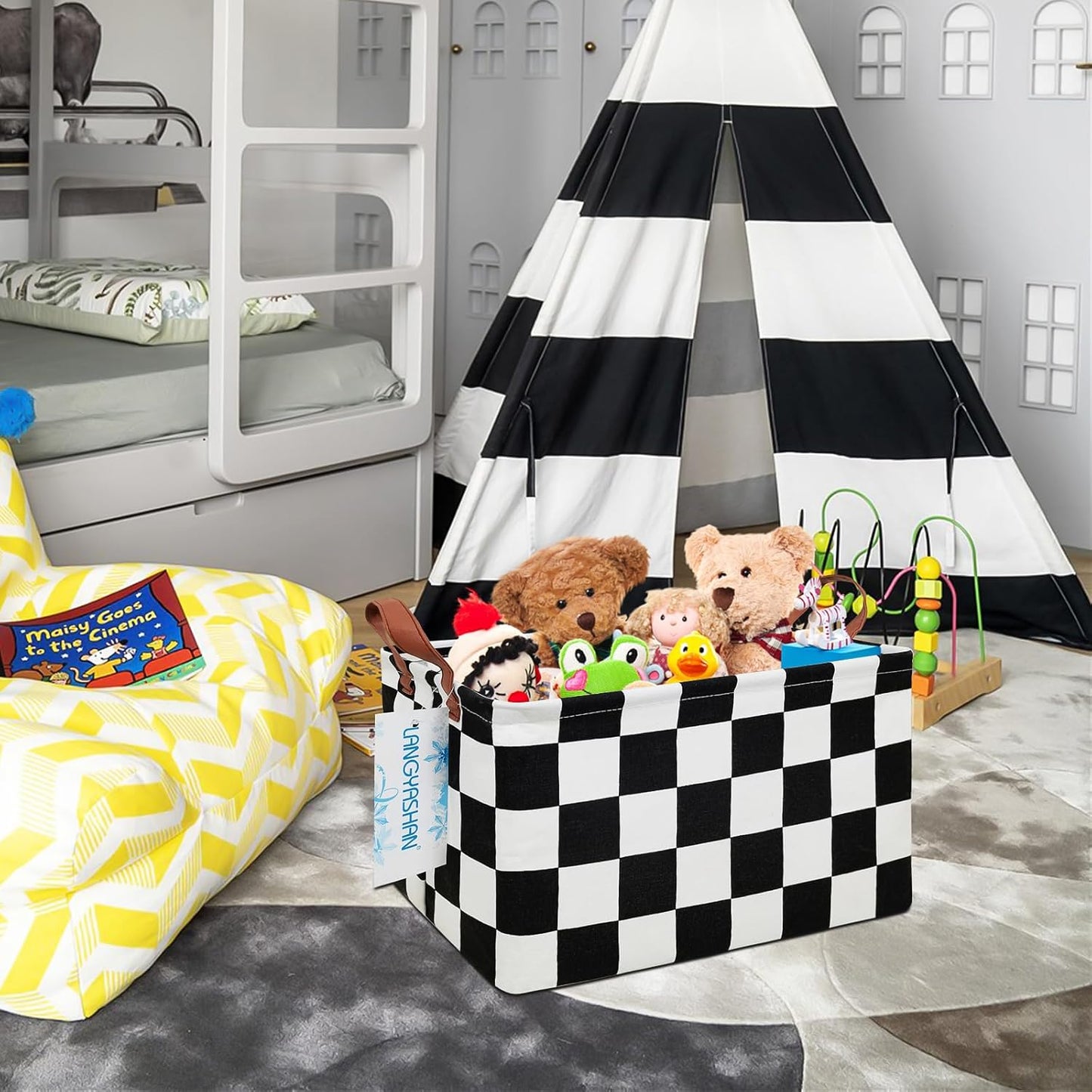 LANGYASHAN Rectangular Storage Bin Collapse Canvas Fabric Cartoon Storage Basket with Handles for Organizing Home Kitchen Boys and Girls Toys Office Closet Shelf Baskets (Rec-Racing flag)