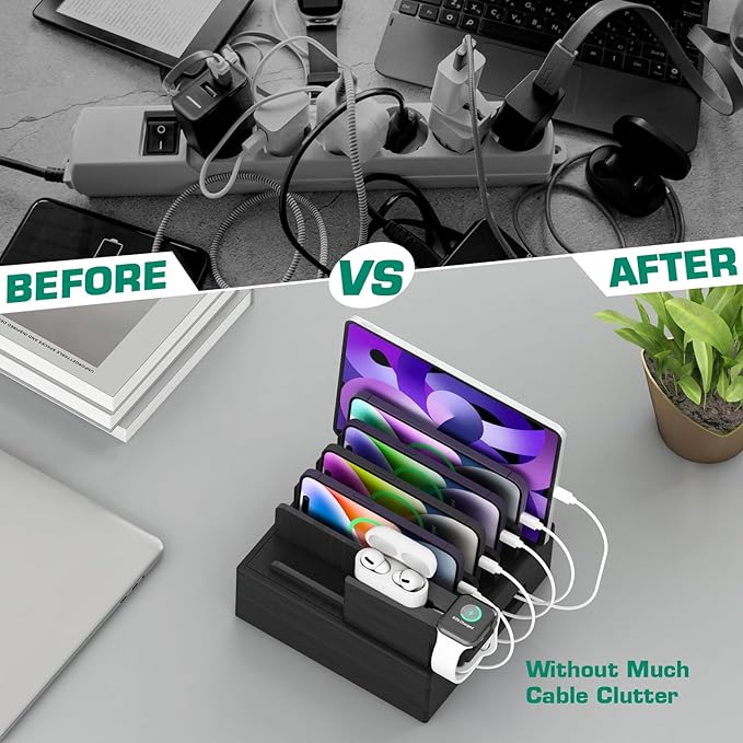 Bamboo Charging Station for Multiple Devices - Darfoo Family Charging Station with 7 USB Ports and 1 Stand for Watch-Earbud, 7 Short Charging Cables, Black