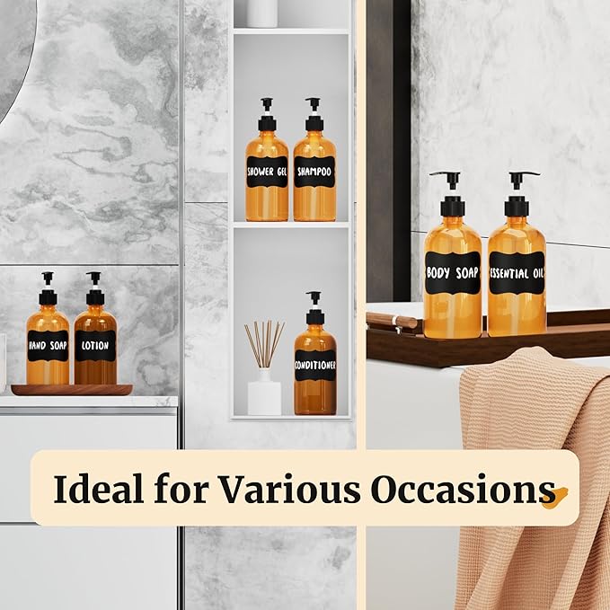 PrettyCare Set of 2 16oz Amber Glass Bottles with Black Pumps - Leak-Proof, Refillable Empty Dispenser for Shampoo, Conditioner & Thick Liquids - with Waterproof Labels