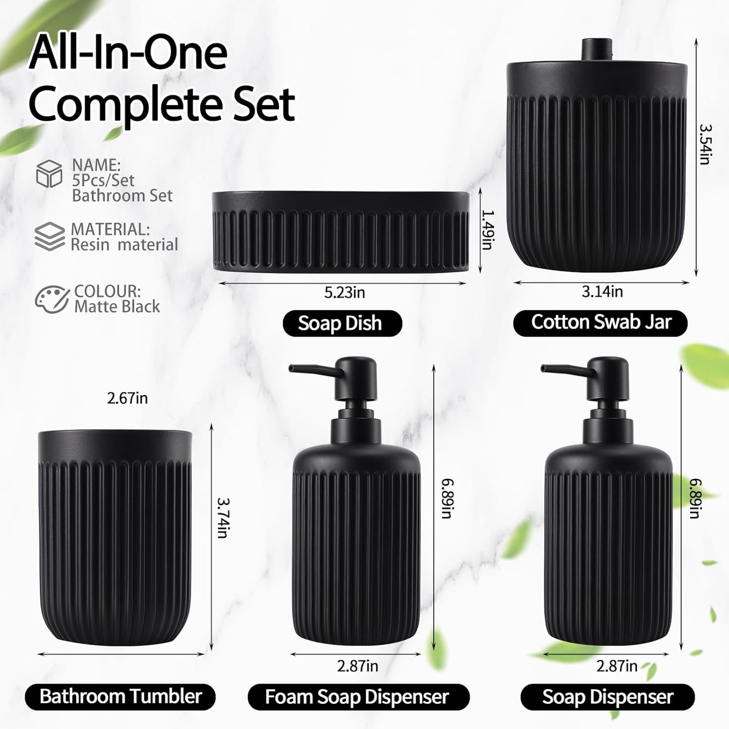 Black Resin Bathroom Accessories Set 5 Pcs, Bathroom Accessory Set Includes Foaming Soap Dispenser, Lotion Soap Dispenser, Toothbrush Holder, Qtip Holder, Soap Dish, for Modern Home Apartment