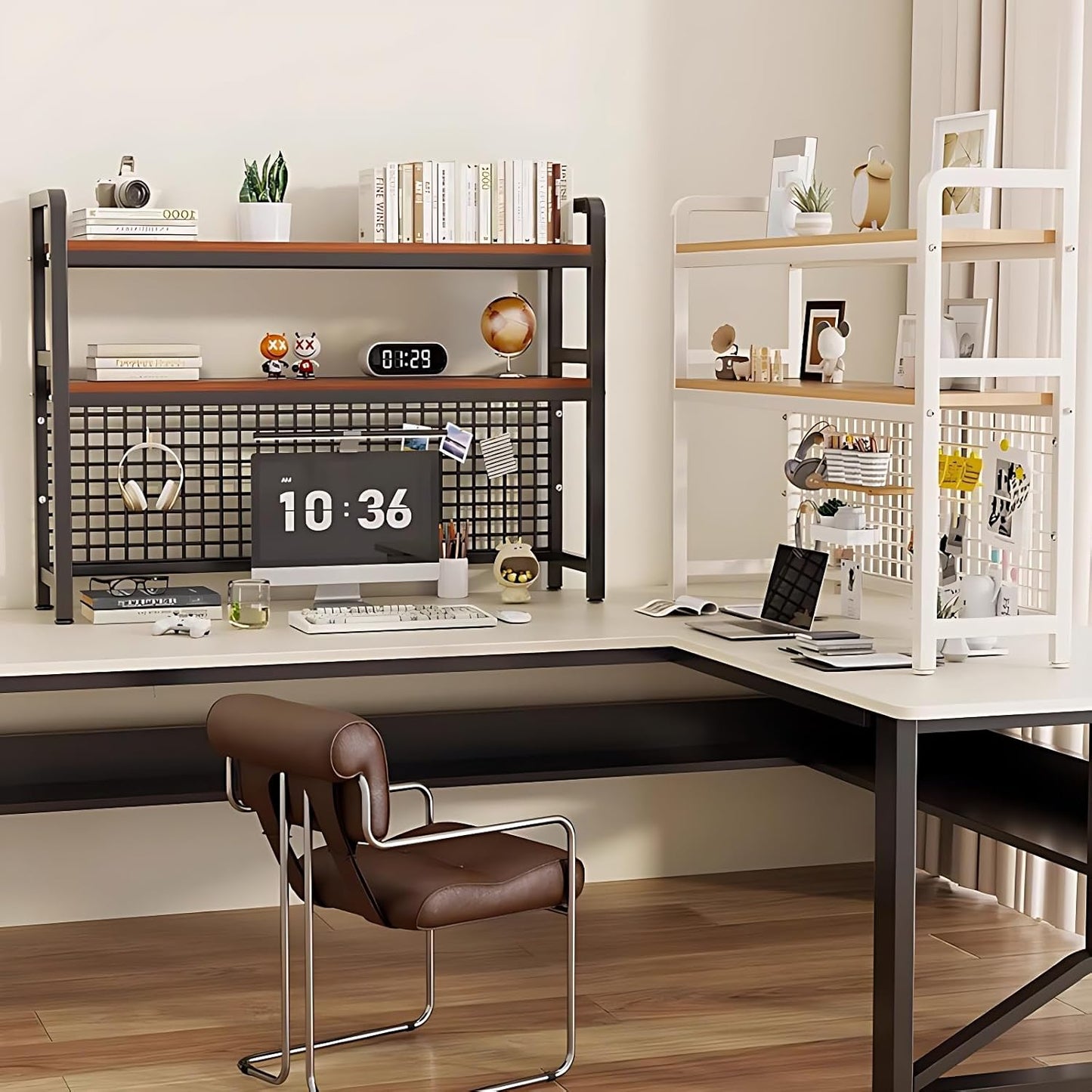 Desk Shelf Organizer with Metal Grid, 2-Tier Desktop Bookshelf, Rustic Wood & Metal Desk Hutch for Home Office and Dorm (Black, 37.4" L × 7.9" W × 38.6" H)