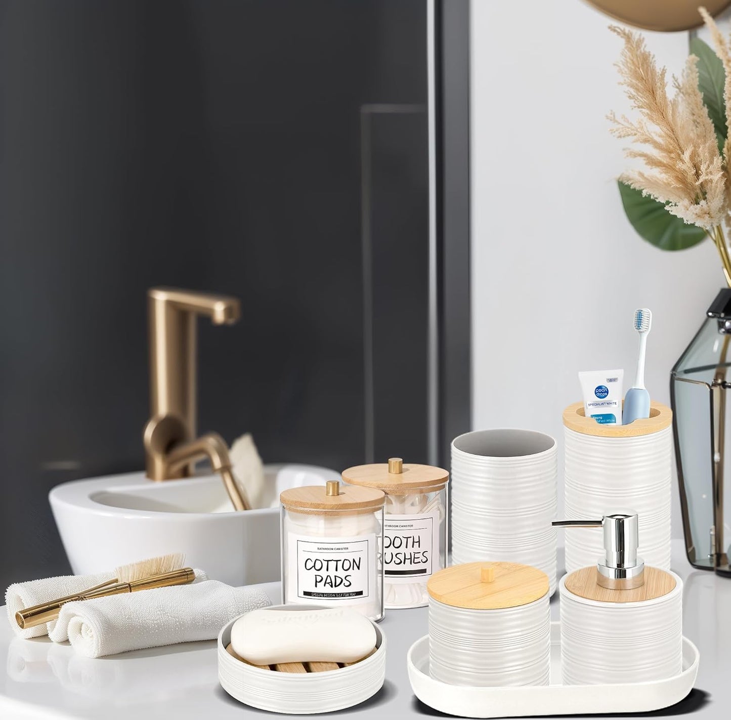 IMAVO Bathroom Accessory Set-11Pcs White Bathroom Accessories Set with Trash Can,Soap Dispenser,Soap Dish,Toothbrush Holder,Toothbrush Cup,Toilet Brush Holder,Qtip Holder Dispenser with Labels