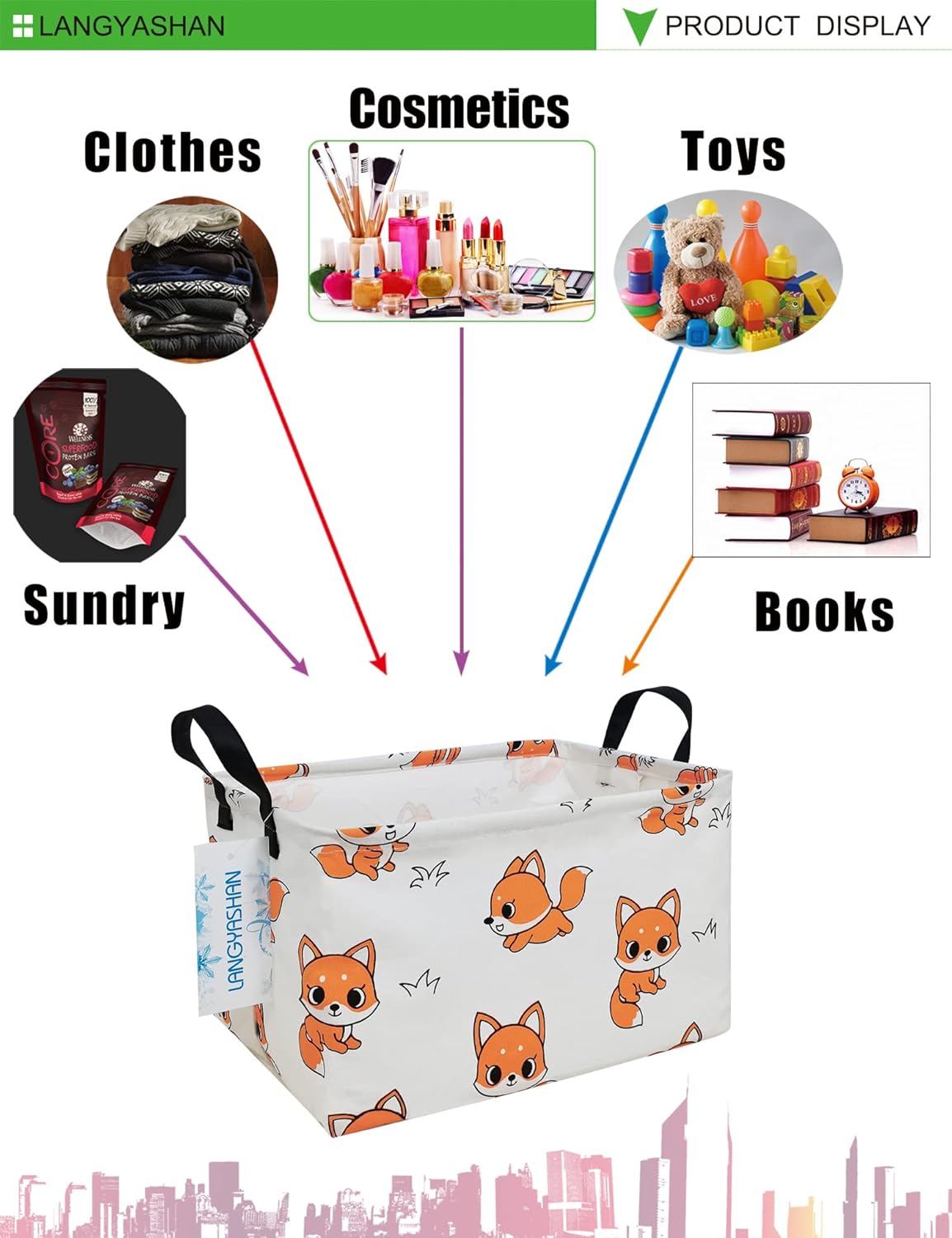 LANGYASHAN Rectangular Storage Bin Collapse Canvas Fabric Cartoon Storage Basket with Handles for Organizing Home Kitchen Boys and Girls Toys Office Closet Shelf Baskets(Rec Fox)