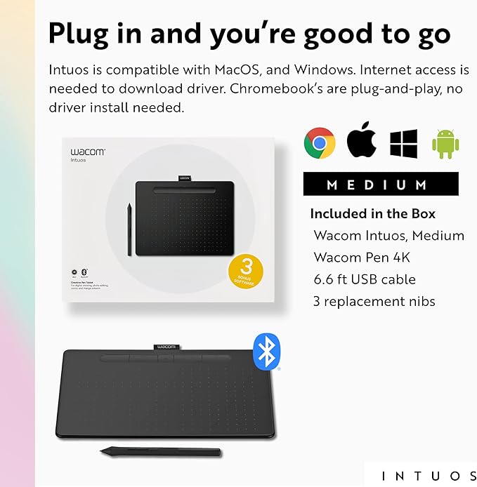 Wacom Intuos Medium Bluetooth Graphics Drawing Tablet, Portable for Teachers, Students and Creators, 4 Customizable ExpressKeys, Compatible with Chromebook Mac OS Android and Windows - Black