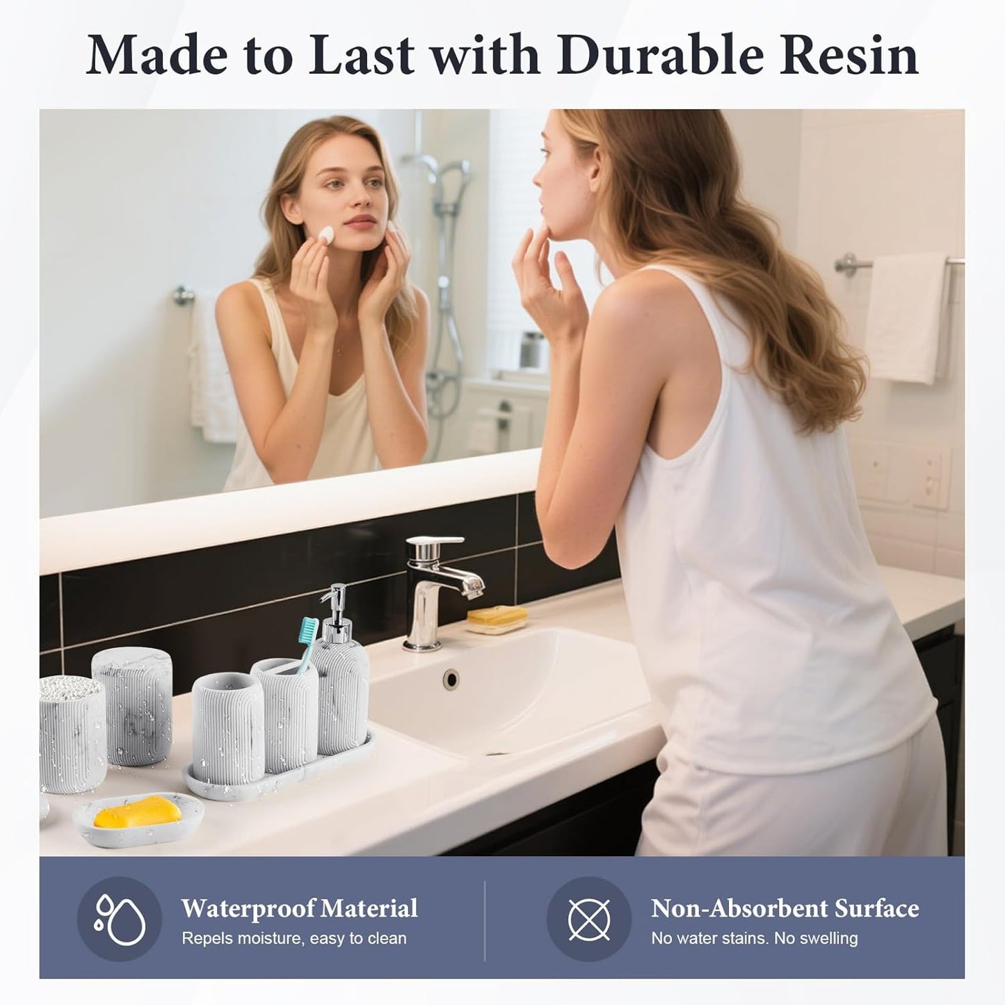 Bathroom Accessories Set - 7-Piece Resin Bathroom Set, Toothbrush Holders Set, Soap Dispenser, Qtip Holder Dispenser, Tumbler, Soap Dish & Tray, Modern Bath Decor for Home Dorm Hotel (Marble White)