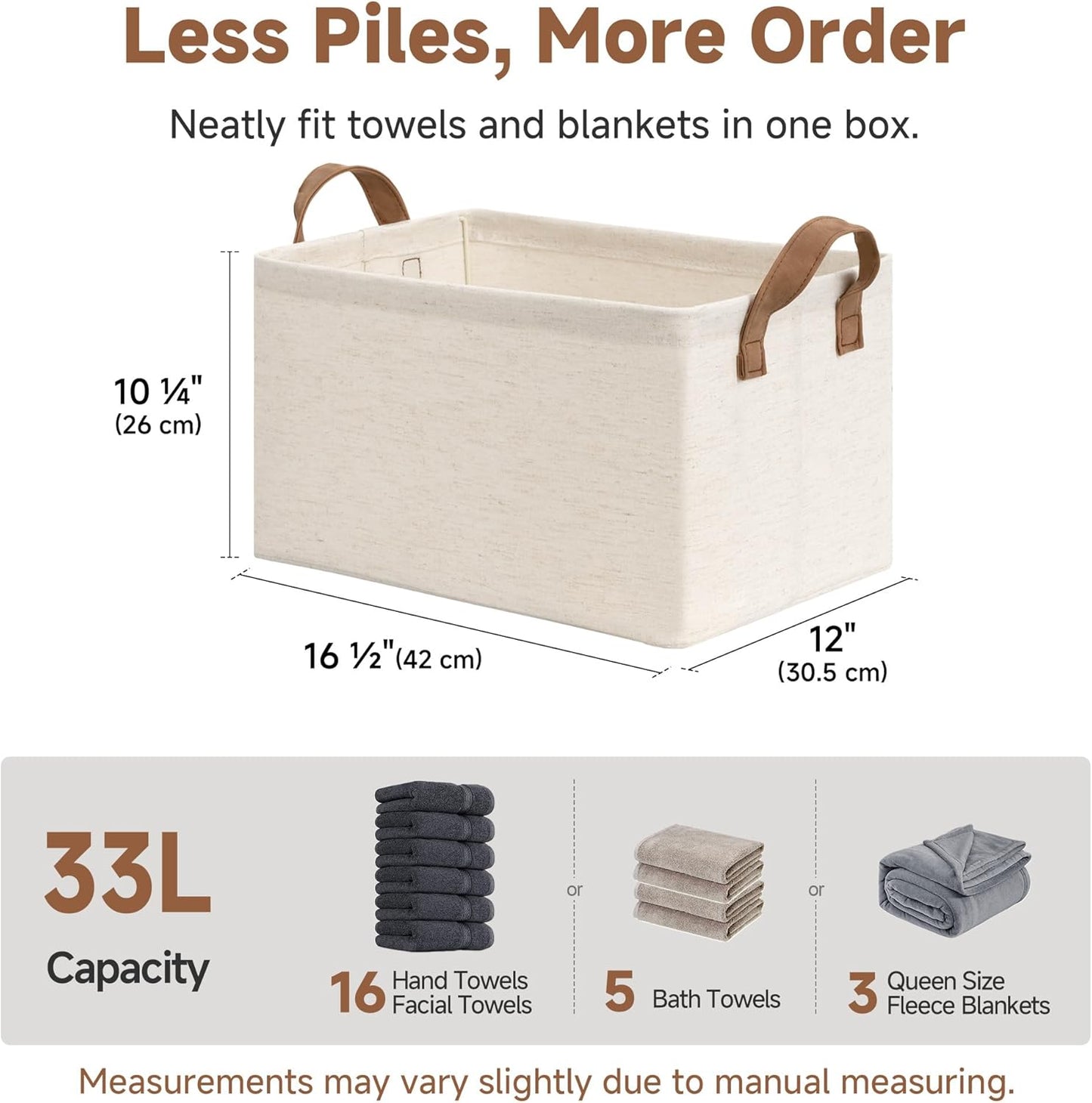 StorageWorks Storage Bins, Shelves Baskets for Organizing, Large Fabric Closet Organizers with Handles, Metal Frame, Beige(Cotton-linen), 2-Pack