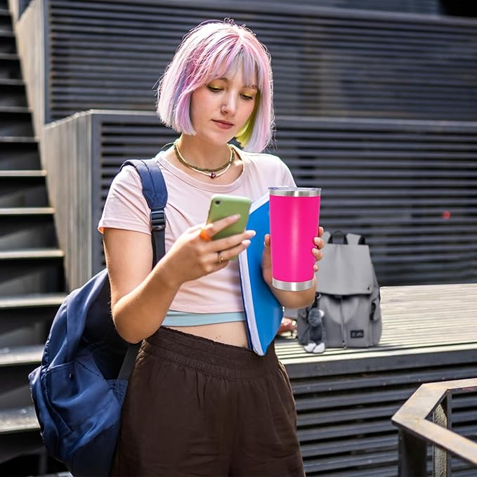 20 oz Tumbler Coffee Travel Tumblers Bulk with Lid Stainless Steel Double Wall Vacuum Insulated Mug Powder Coated Cups fit Car Cupholder for Hot and Cold - Hot Pink, 1Pack