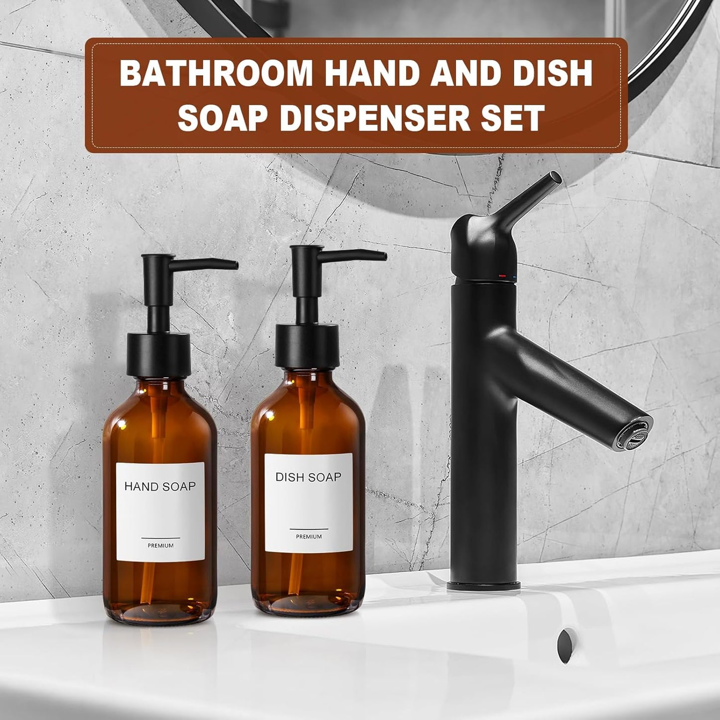 8 fl oz Amber Glass Soap Dispenser 4 Pack, Brown Glass Bottle with Pump, Refillable Round Hand Soap Dispensers Bathroom for Soap, Lotion, Oil, Shampoo