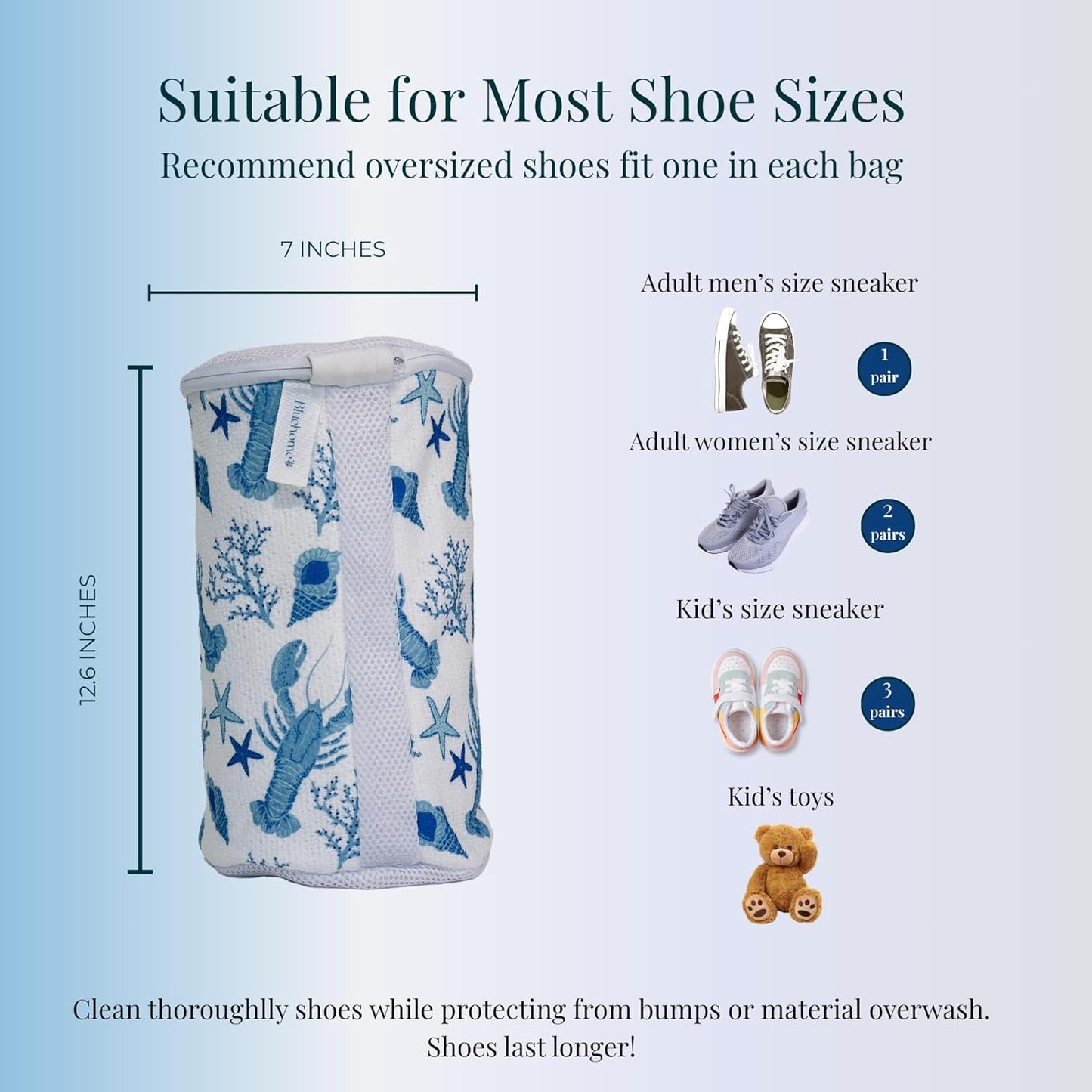 Shoe Washing Machine Bag with Sneaker Brush – 2-Pack Reusable Chenille Laundry Bags for Sneakers, Delicates, Travel & Storage – Ocean Print Stylish Design – by Bluehome