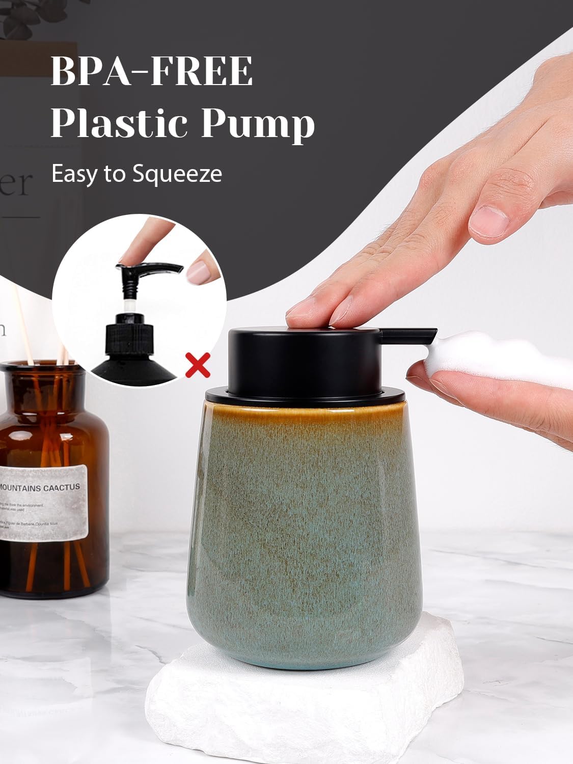 INGOFIN Ceramic Foaming Soap Dispenser -12oz Foam Hand Soap Dispenser Bathroom, Modern Refillable Dish Wash Soap Bottle for Kitchen with Large Pump -Kiln-Glazed Green