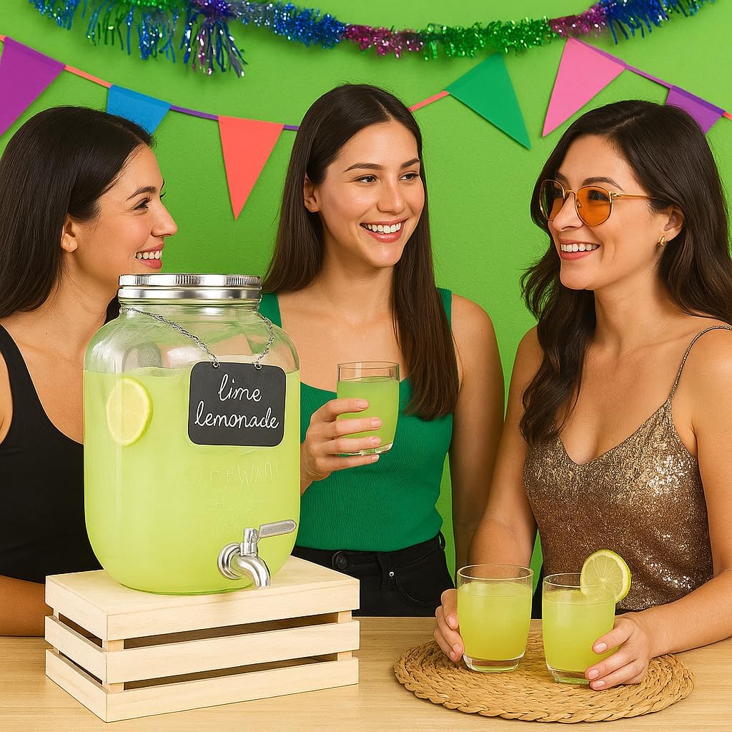 2 Gallon Extra Large Iced Beverage Dispenser with Ice & Fruit Infusers – Glass Mason Jar Drink & Beverage Container with Stainless Spigot