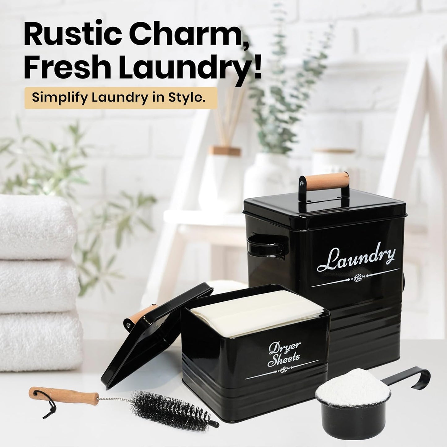 Farmhouse Metal Detergent Pod Container with Dryer Sheet Holder for Laundry Room Organization and Storage - Holds Over 200 Pods and 300 Sheets