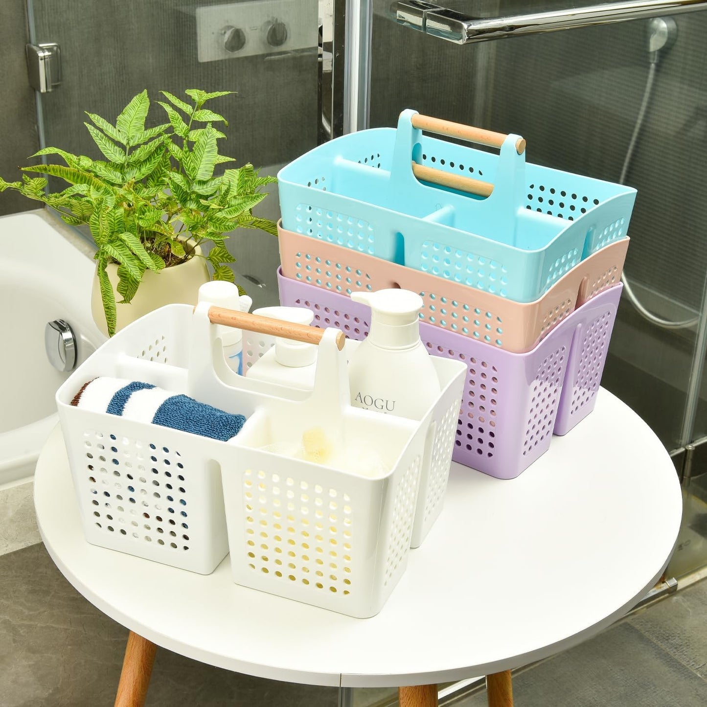 Portable Shower Caddy Basket with Compartments, Plastic Divided Cleaning Caddy Organizer Storage Tote with Handle for Bathroom, College, Dorm Room Essentials, White