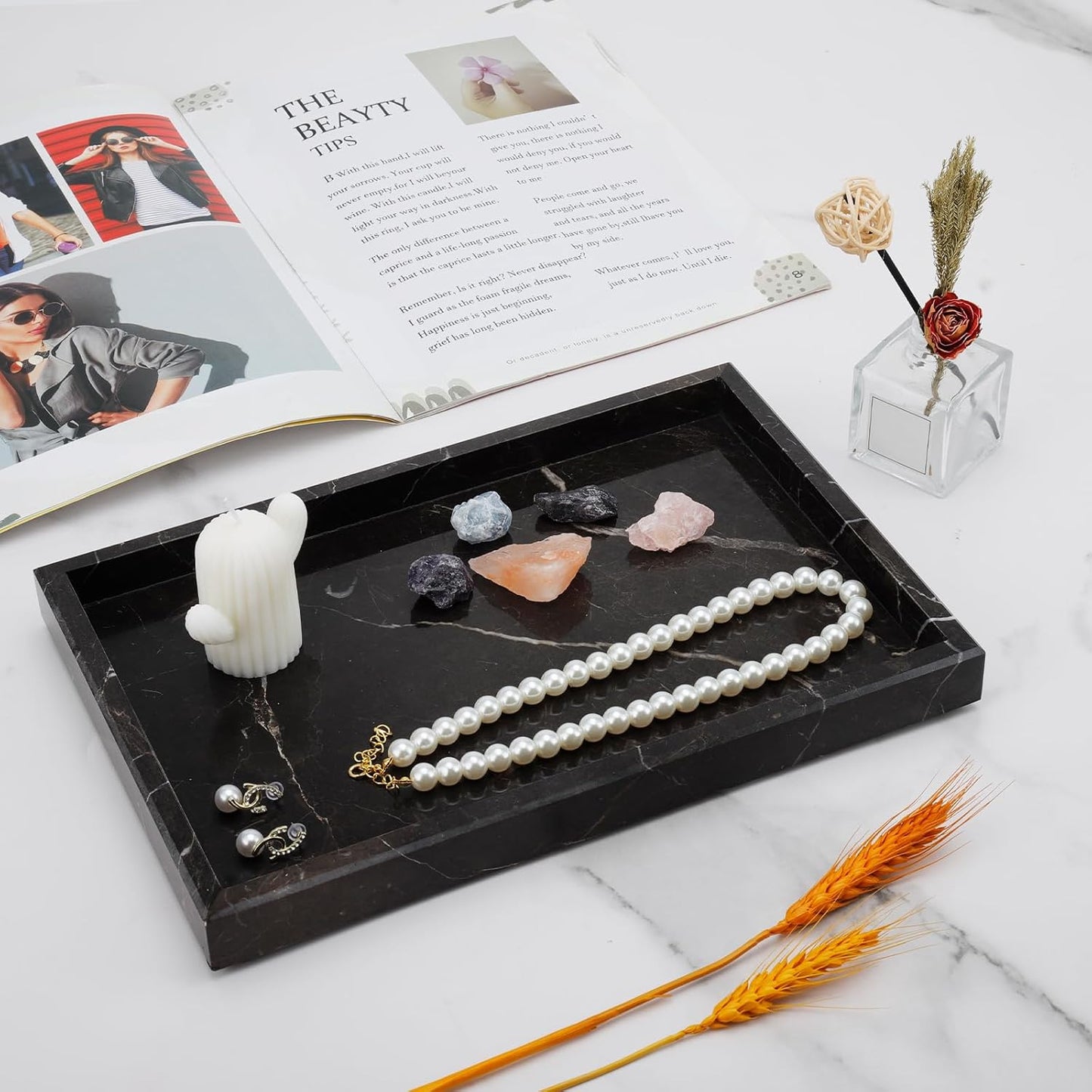 Brown Marble Tray,Pure Natural Vanity Tray,Marble Tray for Kitchen Counter Non-Ceramic/Non-Resin,Stone Trays 12 x 8 inch