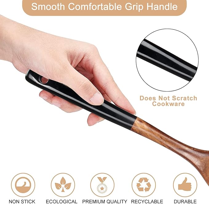 2 Pcs Wooden Spatula Set for Cooking Non Toxic Teak Kitchen Utensils Slotted Pancake Turner Flat Wood Wok Spatulas Bamboo Spoon for Cooking Utensil Set Spurtle Scraper Black Fish Egg Flipper Spatula