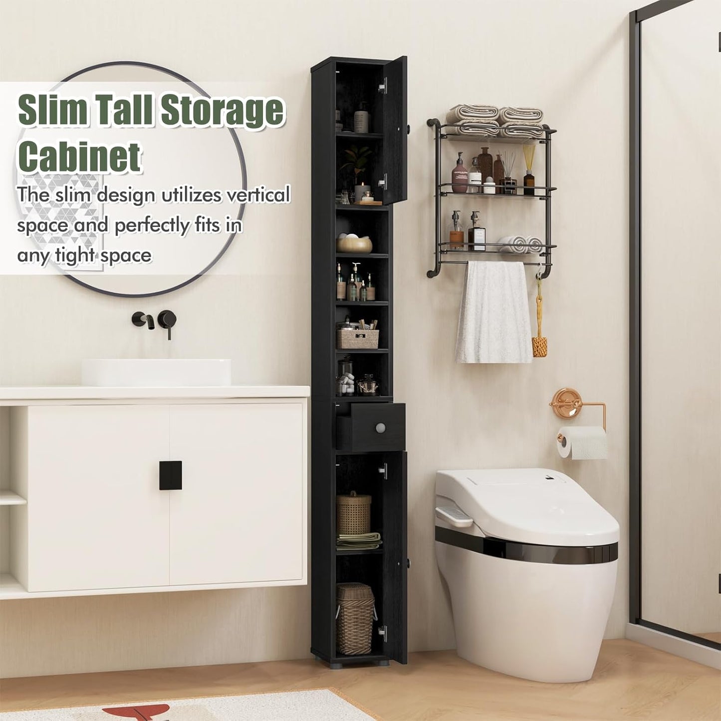 71" Tall Narrow Bathroom Storage Cabinet, Modern Skinny Toilet Paper Storage Organizer w/1 Drawer, 2 Doors & 5 Adjustable Shelves, Slim Tower Floor Cabinets for Small Spaces
