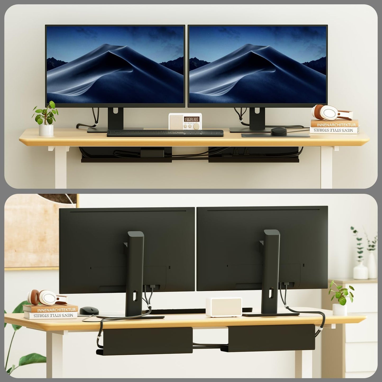 2 Pack No-Screw Cable Management Under Desk, Self-Adhesive Cord Organizer, Wire Management Tray for Office and Home (Black)