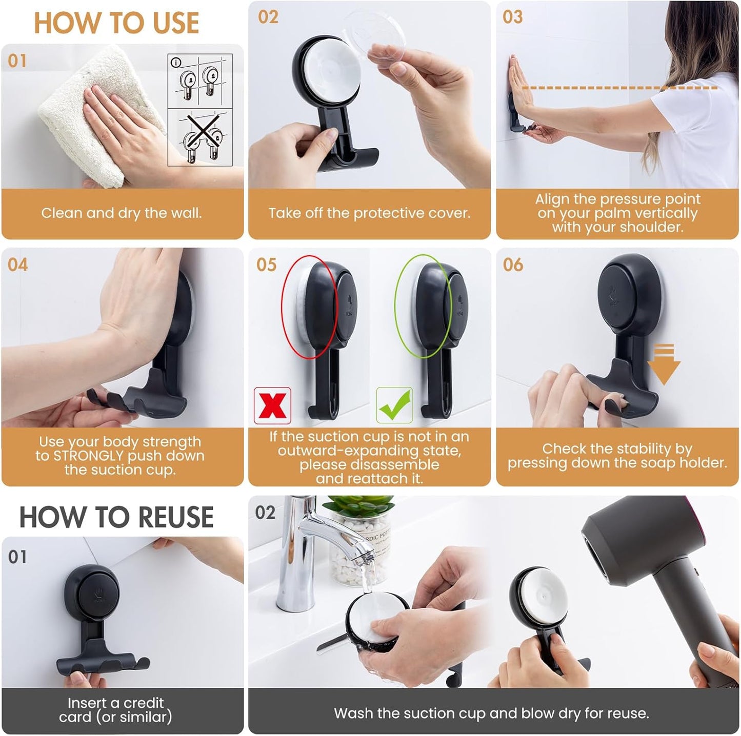 LEVERLOC Razor Holder for Shower 2 Pack, Powerful Vacuum Suction Cup Hook for Towel, Loofah, Razor, Squeegee, Damage-Free Wall Shower Hook, Shaver Holder for Bathroom, Easy to Install and Reuse, Black