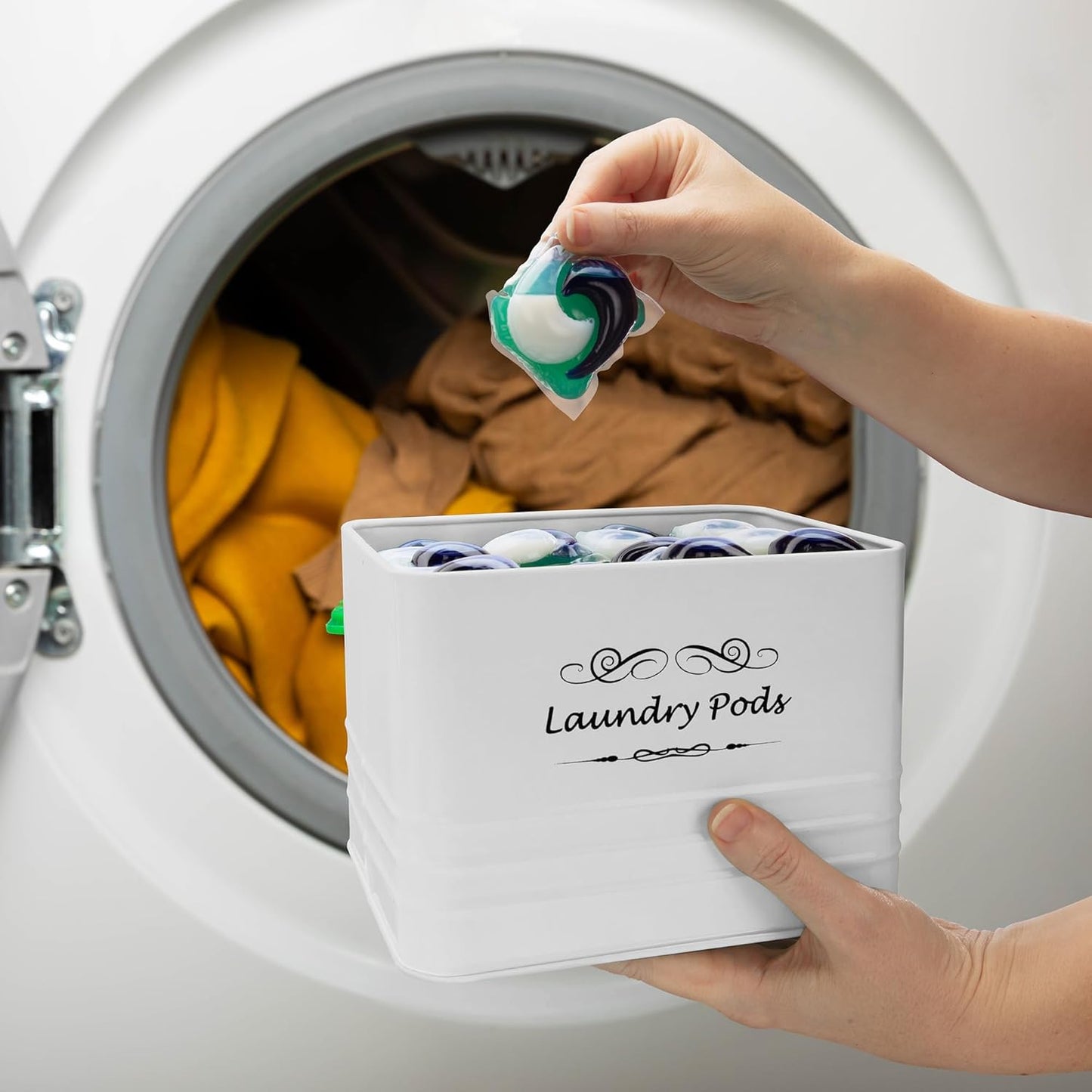 ELITAPRO Laundry Pods container Modern Farmhouse Laundry Pods Holder Metal Box Dispenser with Lid Laundry Room Decor and Accessories