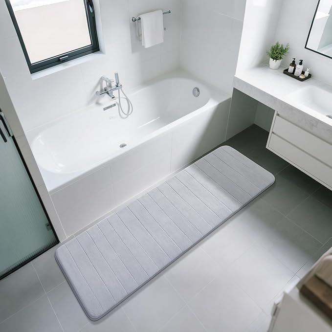 Yimobra Bathroom Runner Rugs 72"x24" Non Slip Washable Memory Foam Bath Mat, Super Soft Water Absorbent Hallway Carpet for Vanity Tub Shower, Silver