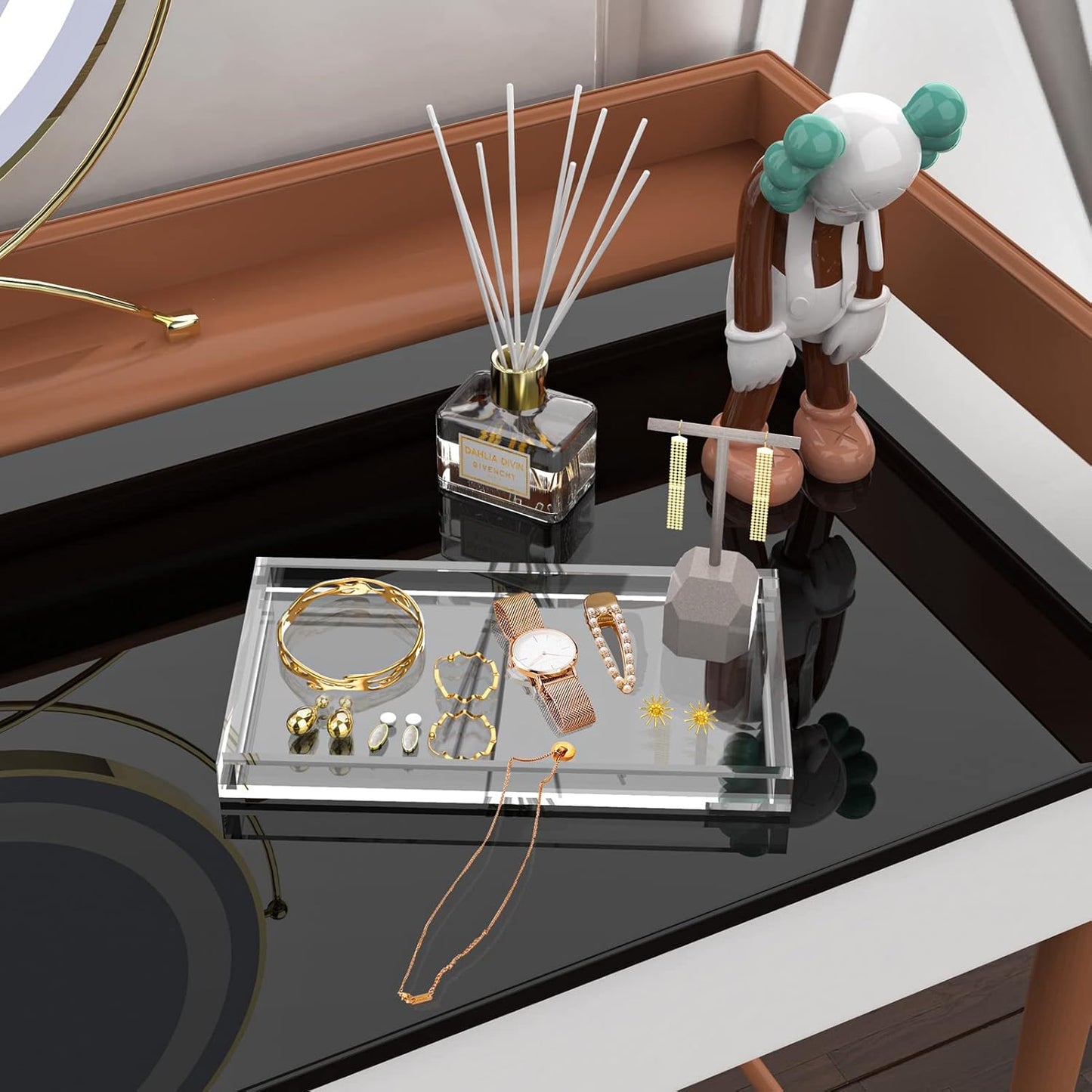 Vanity Tray 8mm Thicken Clear Acrylic Organizer Tray 10.5 * 6" for Bathroom Sink Countertops, Dresser Tops, Toilet, Perfume, Soap, Rings, Earrings and Necklace Small Decorative Tray for Home