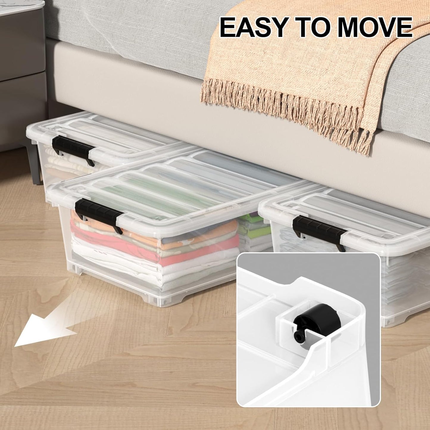 4 Packs 20 Quarts Under Bed Plastic Storage Bins with Lids, Clear Underbed Storage Containers with Wheels