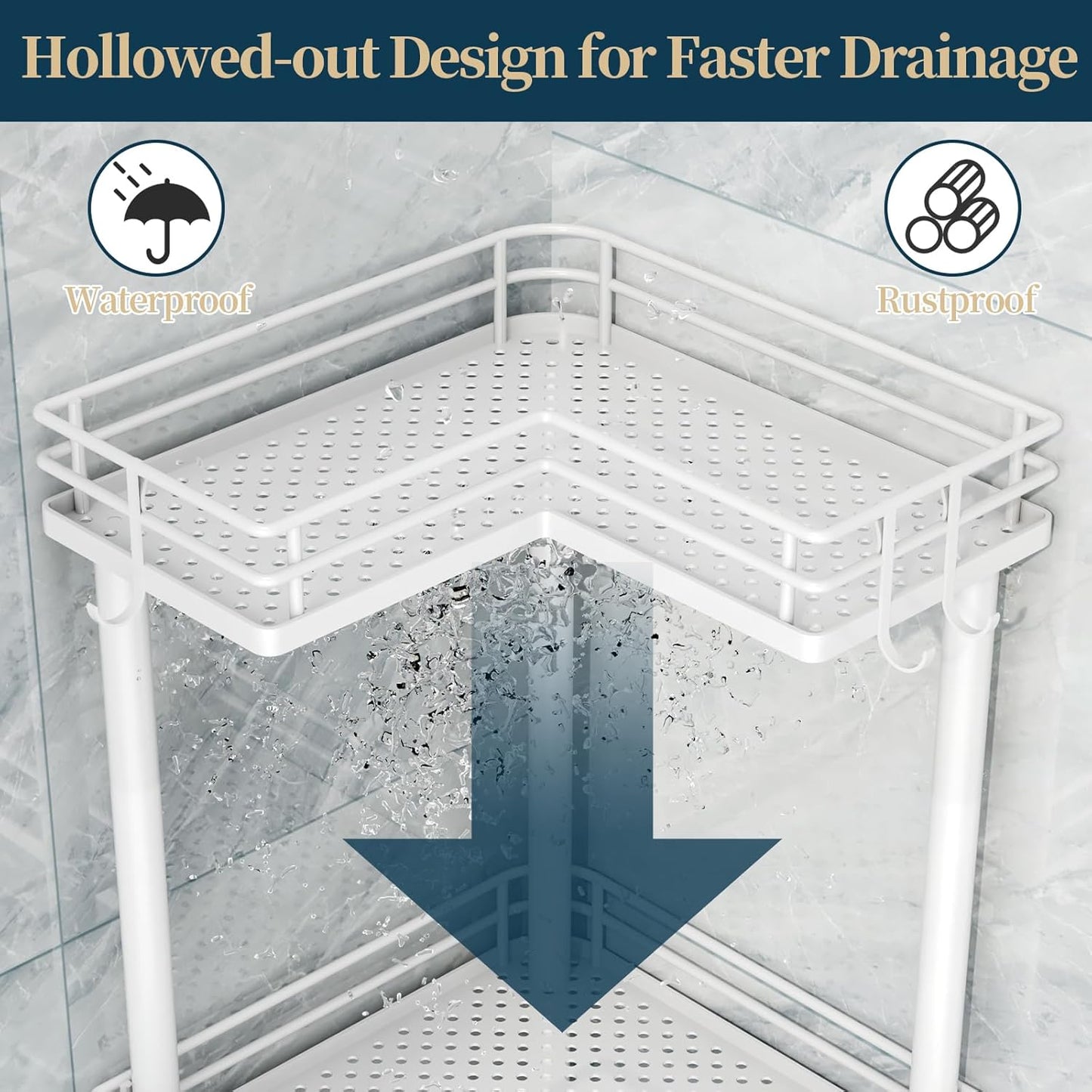 Consumest Corner Shower Caddy Standing - 3-Tier Stainless Steel Shower Organizer with Soap Holder and 4 Hooks, Large Capacity Corner Shelf Stand for Bathroom, Rest Room, White