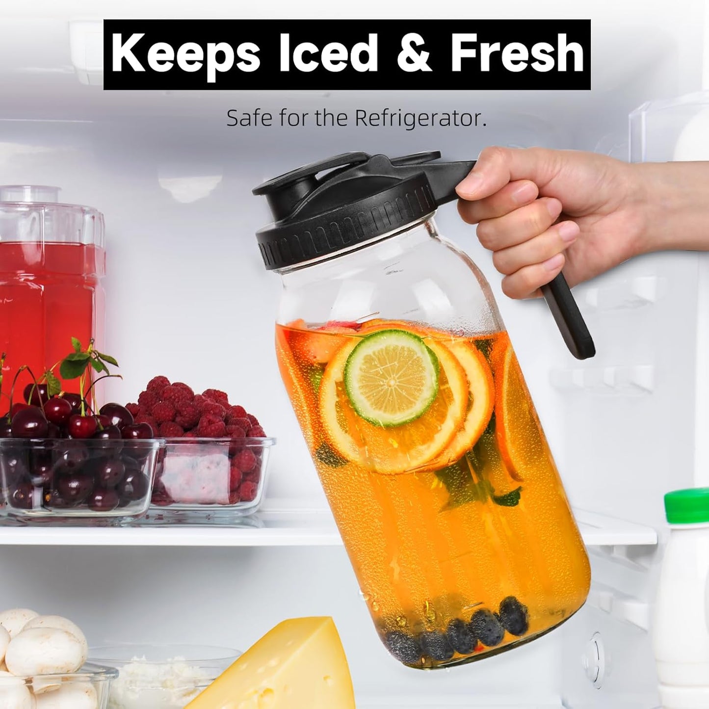 3 Pack 64oz Glass Mason Jar Pitcher with Airtight Lid and Handle – Wide Mouth, Leak-Proof, Ideal for Sun Tea, Cold Brew, Lemonade, Iced Coffee, Milk, and Water (Orange, Blue & Black)