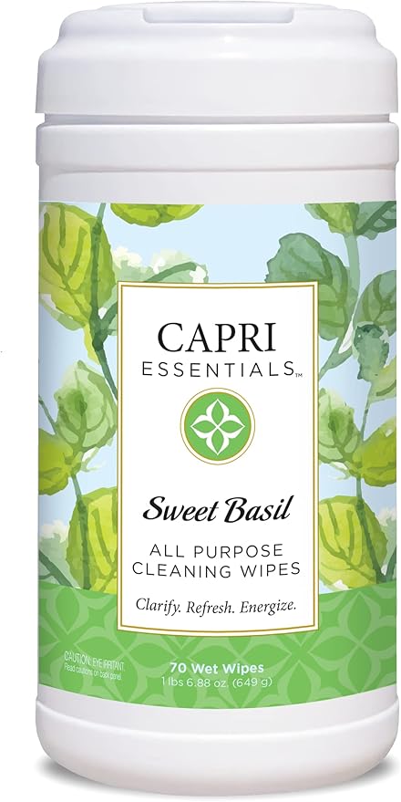 Capri Essentials All Purpose Cleaning Wipes, Natural Household Cleaning Supplies, Bathroom and Kitchen Cleaner with Essential Oils, Almond Oil, Eucalyptus & Peppermint, Sweet Basil Scent, 70 Wet Wipes